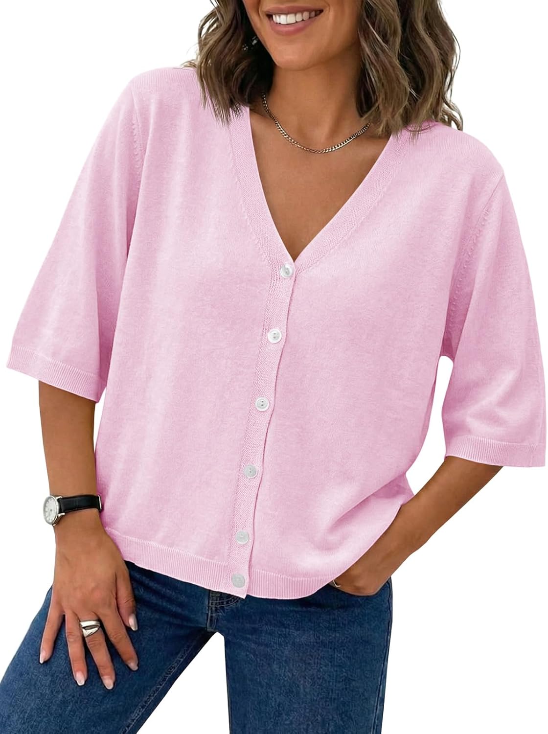 Saodimallsu Womens Half Short Sleeve Cardigans Summer Lightweight Knit V Neck Button Down Casual Sweater Tops