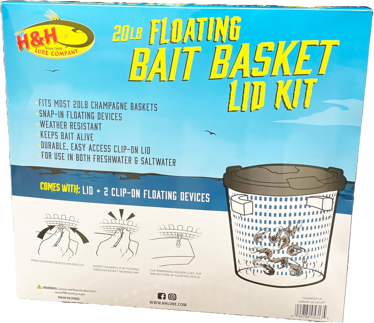 H&H Lure Fishing Live Bait Basket for Keeping Bait Alive 20lb, 40lb with Durable, Easy Access Clip-On Floating Lid Kit