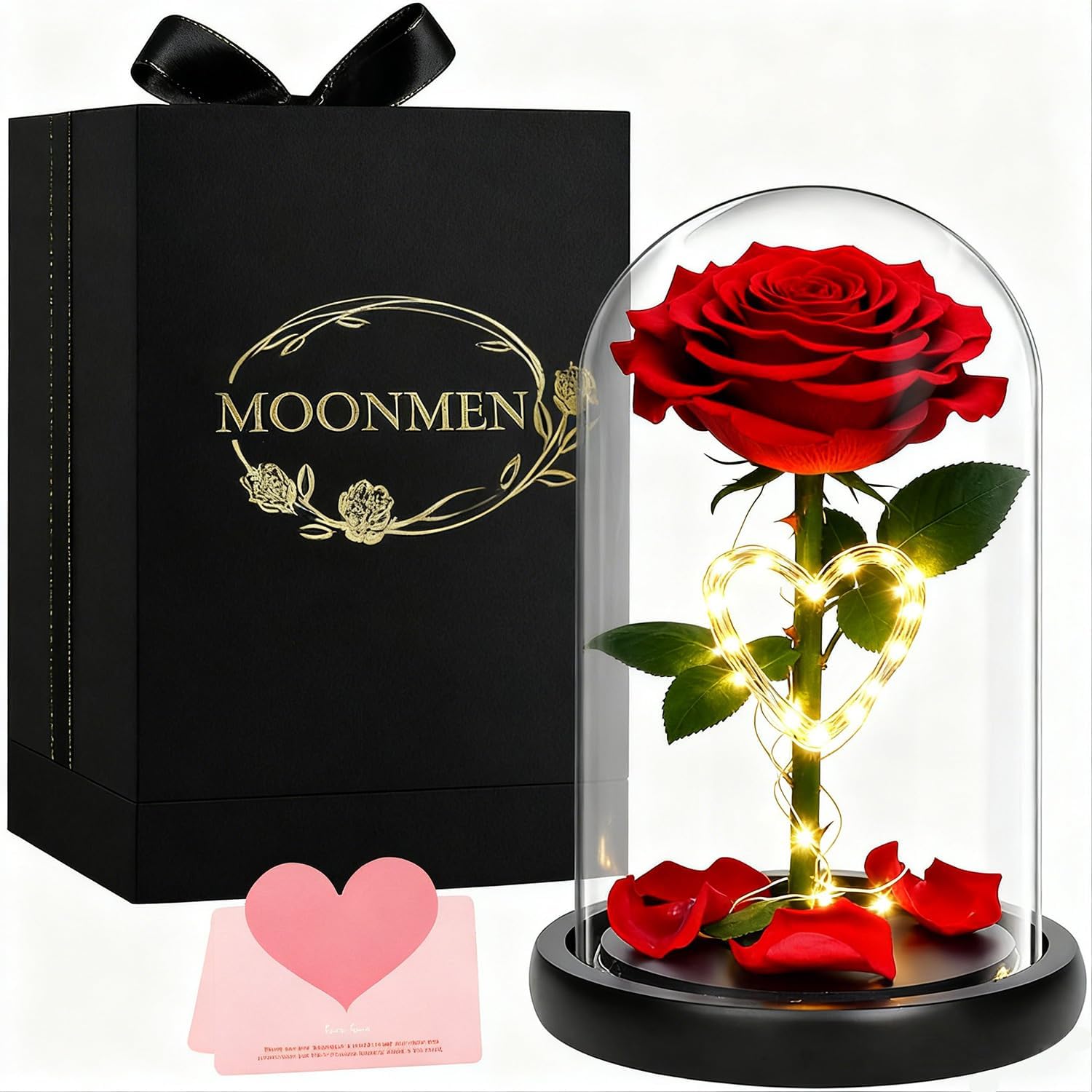 Moonmen Forever Rose With Love Light, Real Eternal Rose in Glass Dome Preserved Flower with Luxury Gift Box - Gift for Valentine's Day Mother's Day Wedding Anniversary Birthday (Love Red)