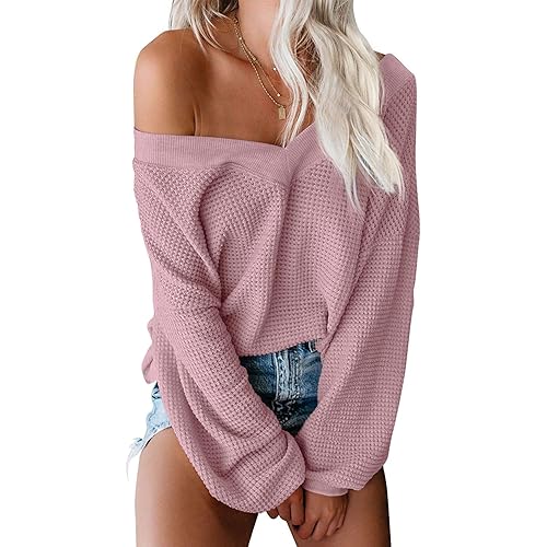 ReachMe Womens Oversized Off The Shoulder Tops Long Sleeve Waffle Knit Shirt Drop Shoulder Sweater Top