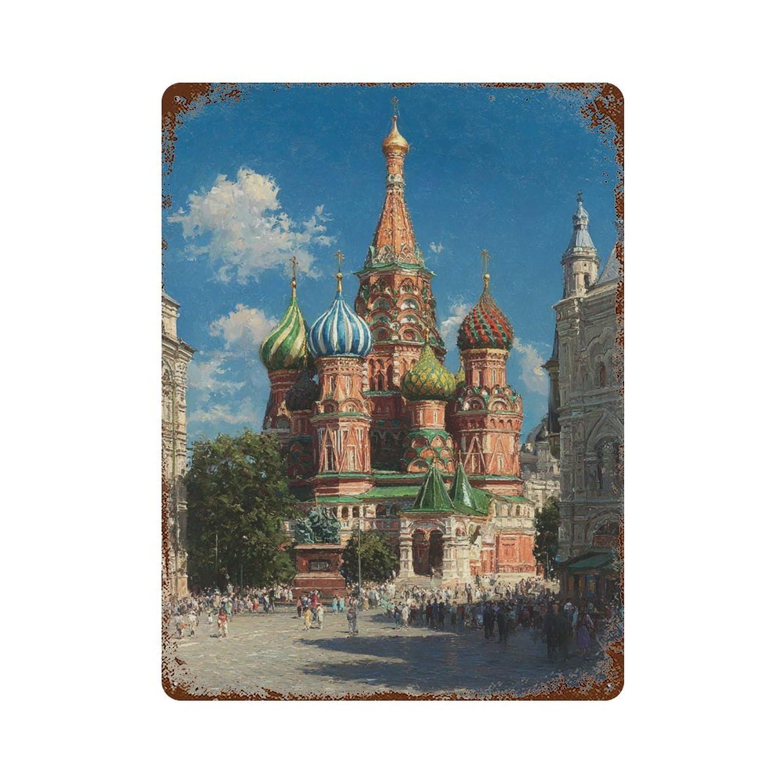 Distressed Metal Wall Sign Saint Basil's Cathedral Moscow 15.7"x11.8", Old School Wall Decor for Bistro, Counter And Cafe Decor