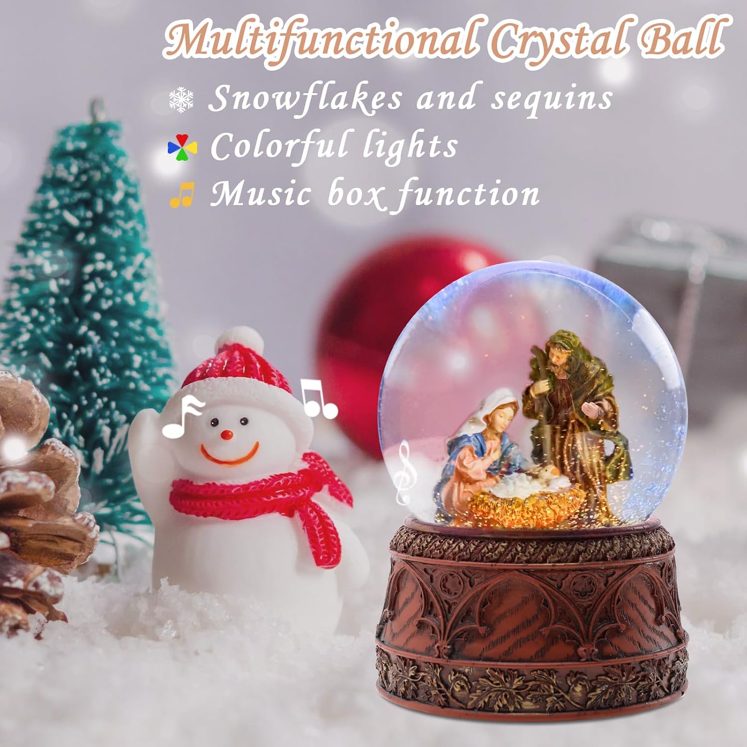 Christmas Snow Globe Musical - Nativity Snowglobes Water Snow Globes LED Light Change Music Box Home Christmas Decor for Kids Brown Retro Pattern
