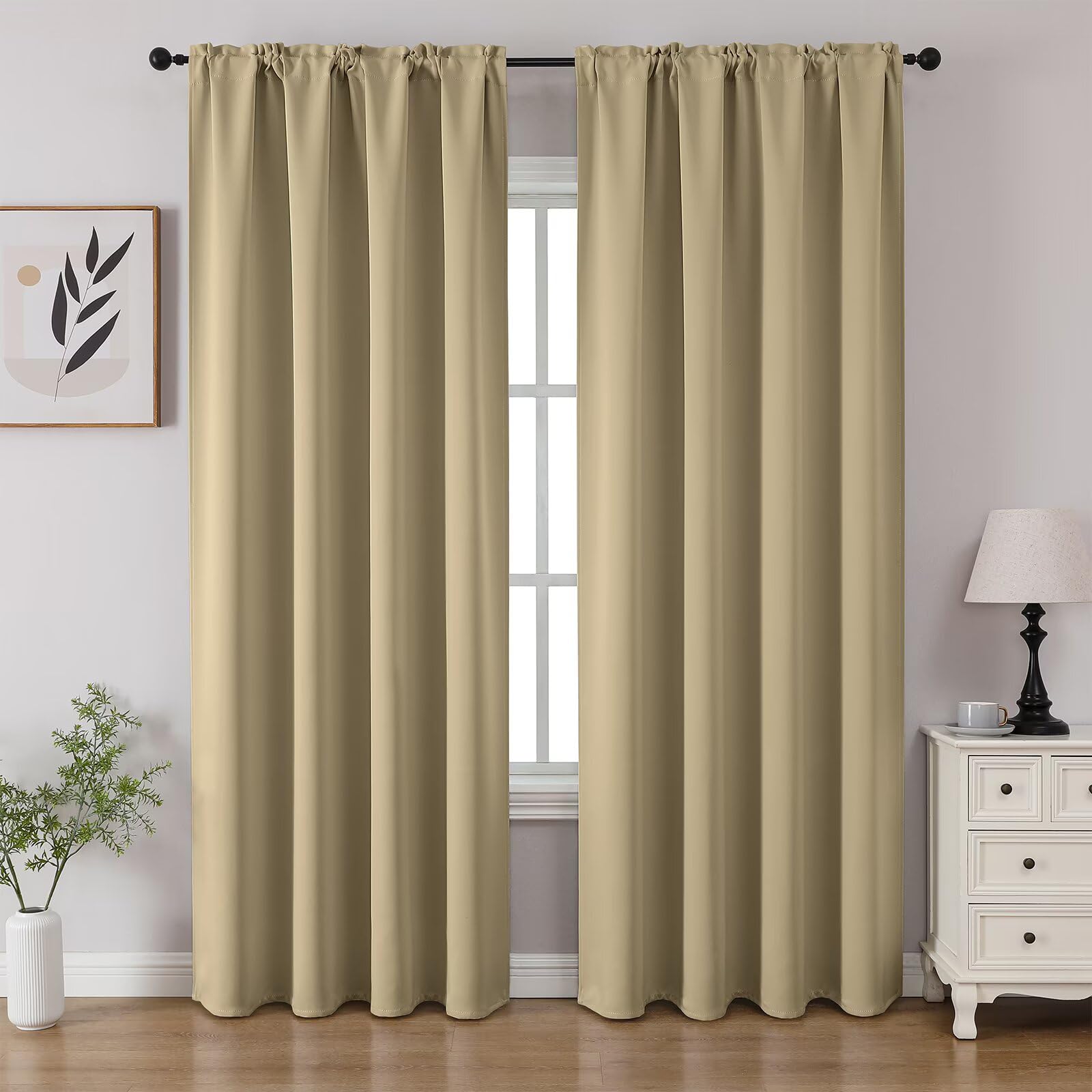 CUCRAF Beige Blackout Curtains 96 inch Length 2 Panels Set, Rod Pocket Room Darkening Drapes for Bedroom Living Room, Insulated Thermal Light Blocking Window Curtain (W52 x L96 Inch)