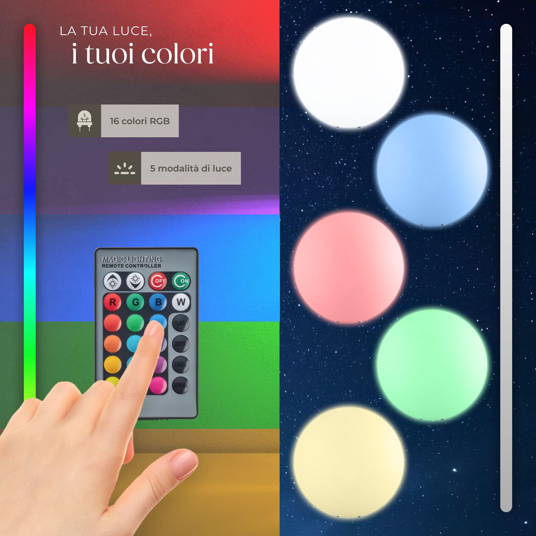 tectake® Lampada da terra Sfera LED, luce RGB da esterno e interno, telecomando, 16 colori, 1200 lumen, IP44 water proof, polietilene, luci giardino arredo esterno, piedini - M - Ø 40 x 40 cm