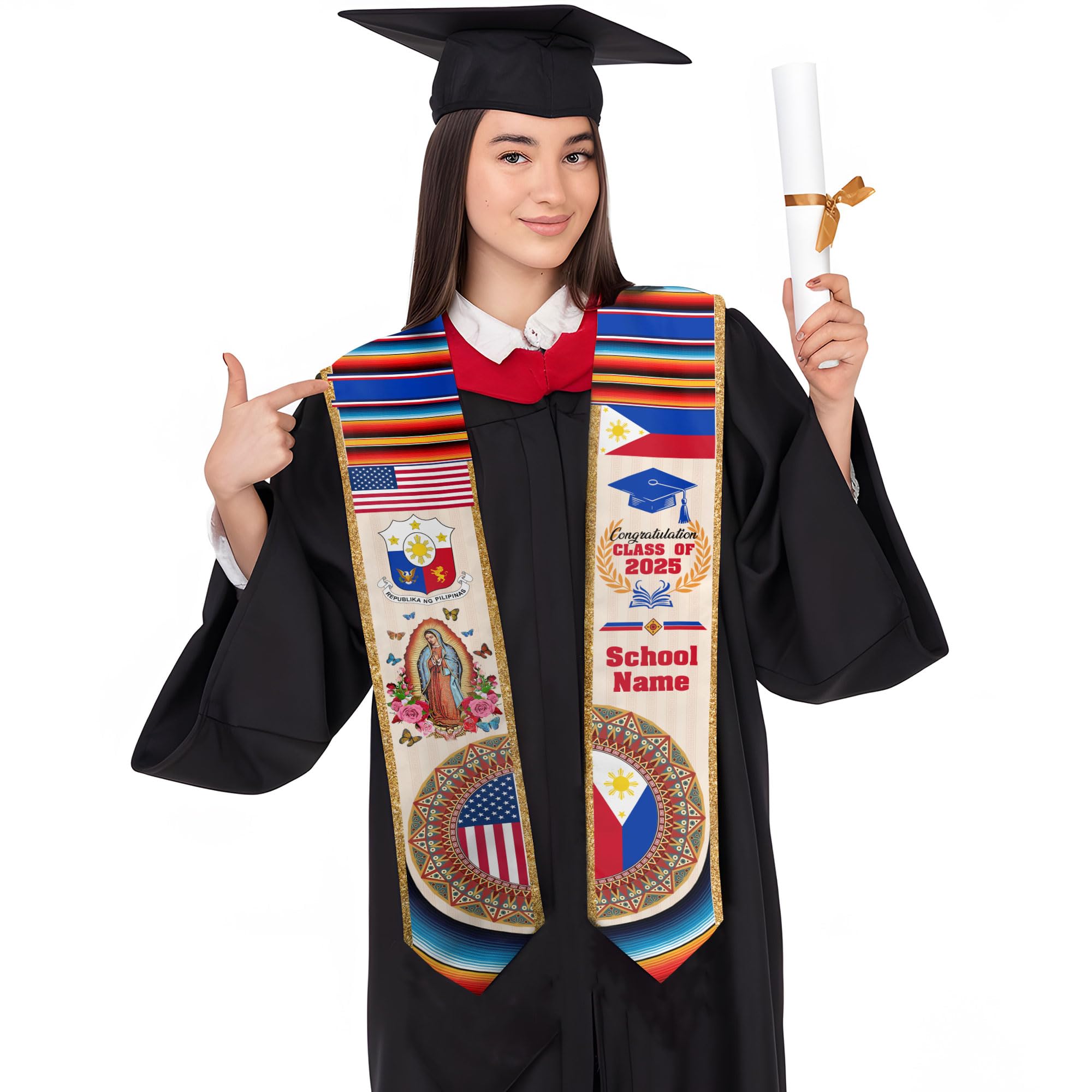 MonkeyVan Custom Filipino Graduation Sash 2025,Personalized Philippines Graduation Stole,Philippine-American Flag Graduation Sash S209
