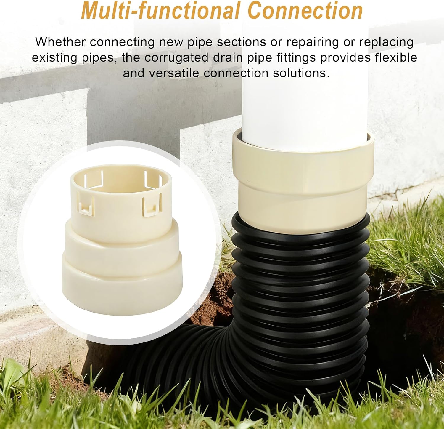 4" Corrugated Pipe Adapter, Corrugated Pipe PVC Connector, Corrugated Drain Pipe Fittings Couplings (4" Corrugated to 4" SDR 35 or 4" SCH 40) - 2 Pack