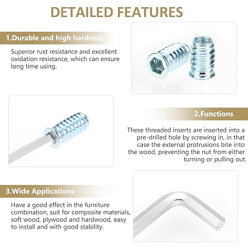 Miniatura 25 de Insertos roscados de 5/16"-0.709 x 0.984 in, acero al carbono chapado en zinc, con llave hexagonal para tornillos de muebles de madera, 26 piezas