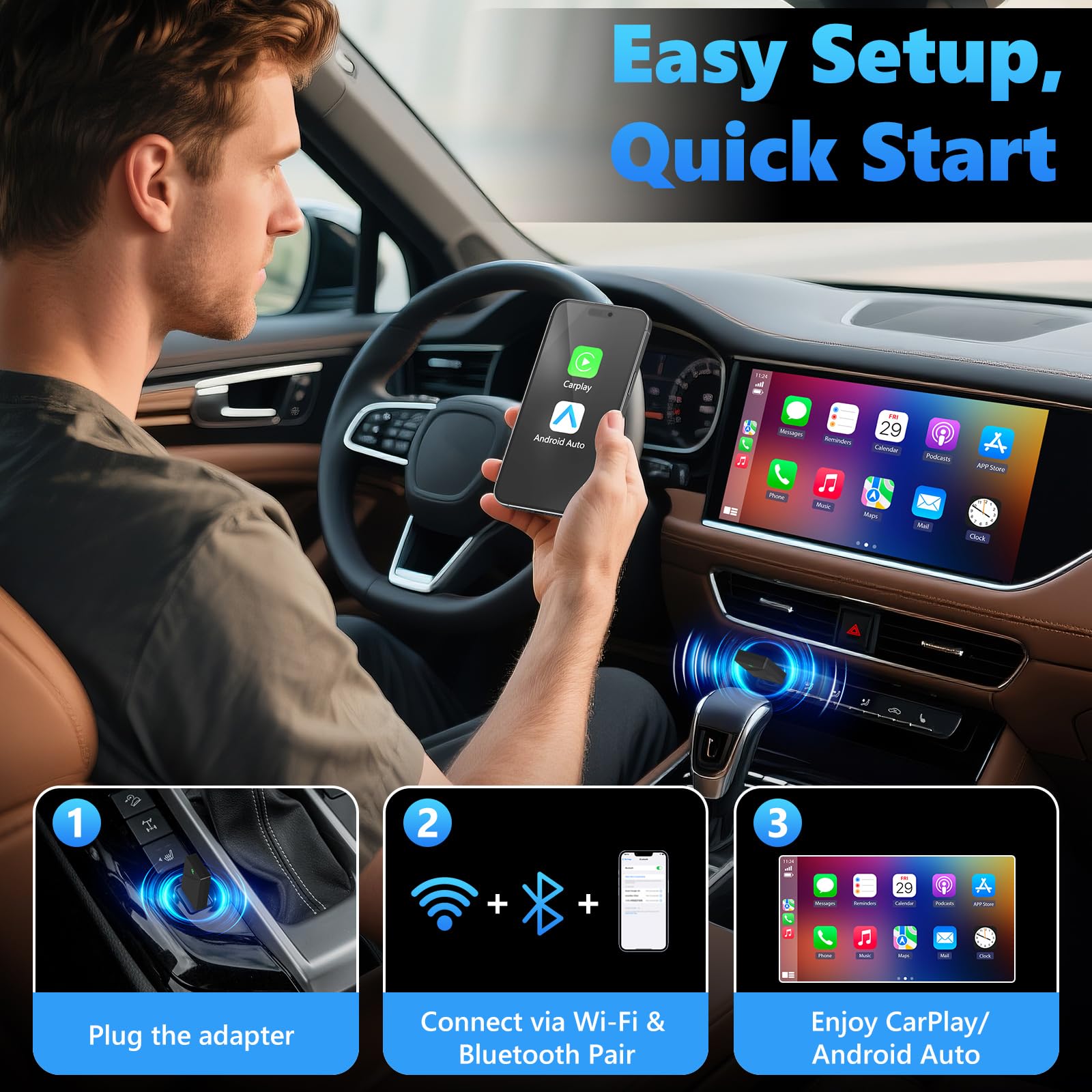 2 IN 1 Wireless CarPlay & Android Auto Adapter, Kabelloser USB-Dongle für Autos, Kabelloses CarPlay & Android Auto, Plug & Play, Schnelle Stabile Verbindung, Unterstützt iOS 10+ und Android 11+