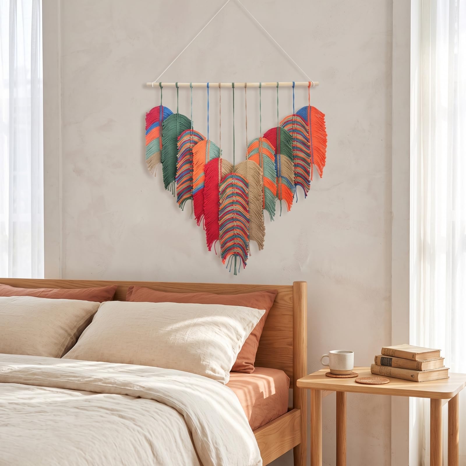 Fonowx Tapiz de Hojas Macramé Pared Colgante Decoración Mural Tejido Artesanal con Caída en Barra de Colgado Algodón y Madera Adecuado para Sala de Estar, Verde, 80 110cm