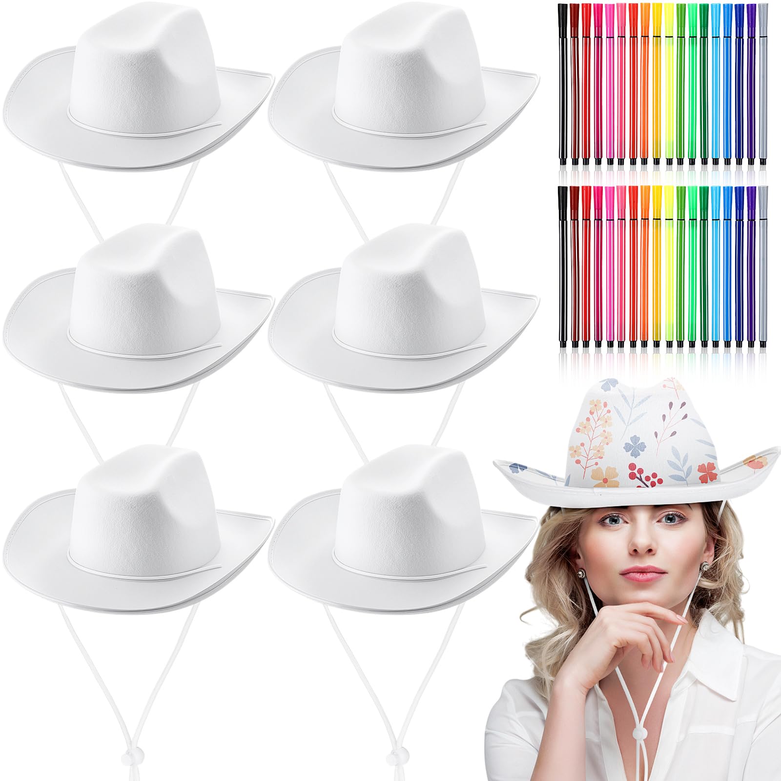 Cutecrop DIY White Cowboy Hats with Markers Adjustable Felt Western Hats for Adult Costume Parties Paint Crafting Fancy Dress