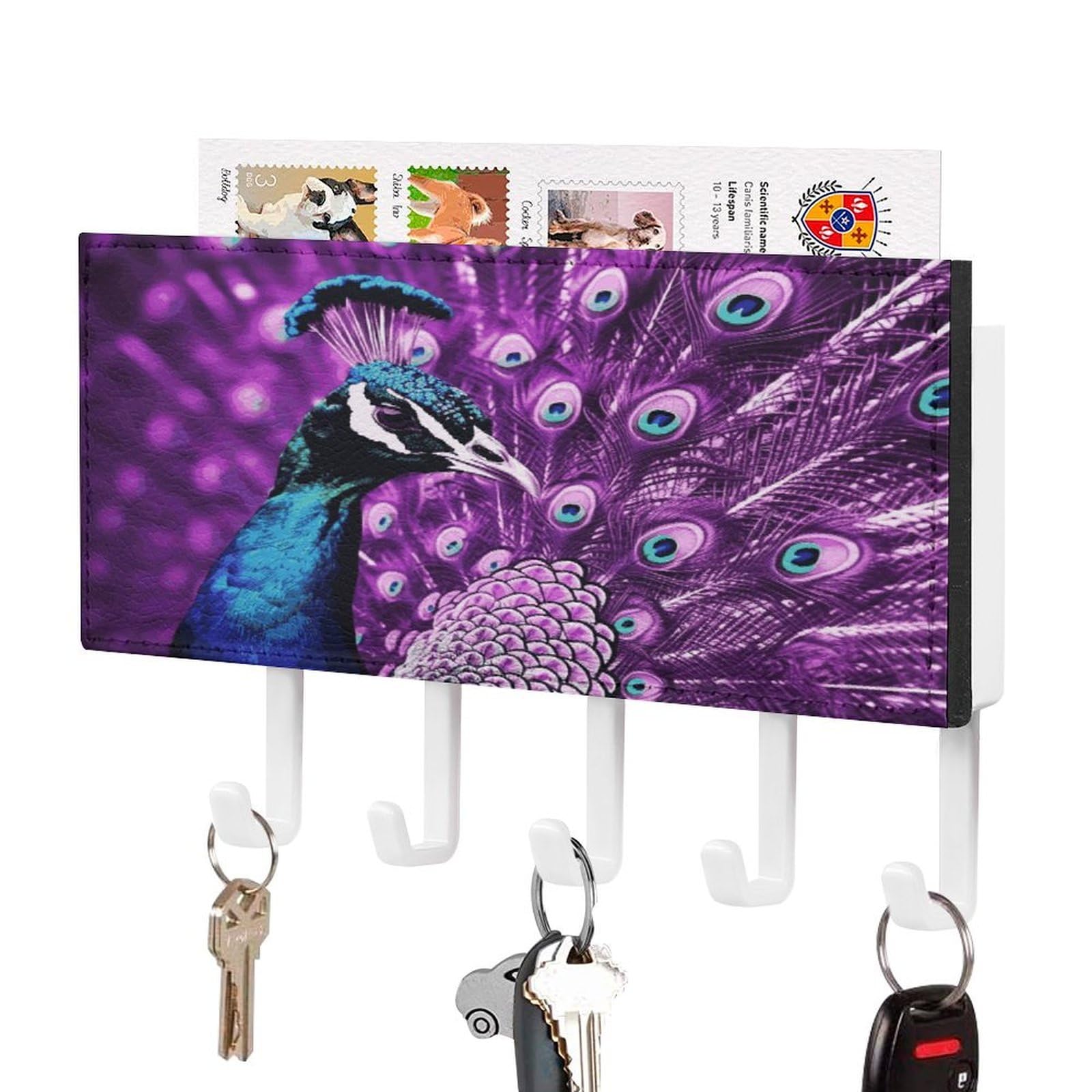 FekiLoot Purple Peacock Key Holder Wall Mount Key Hooks for Wall Decorative with 5 Hooks PU Mail Rack Organizer with Shelf for Entryway Mudroom Hallway Office 7.1X4.3 in