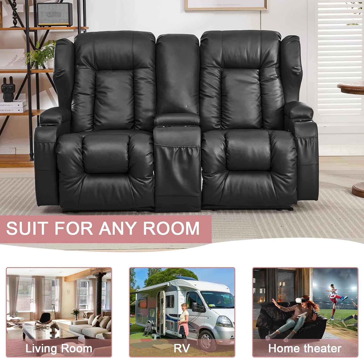RV Loveseat Recliner Sofa with Console, Manual Wall Hugger Reclining Couch, RV Theater Seating with Cup Holders & Hidden Storage for Camper Furniture, Living Room (Black, 65")