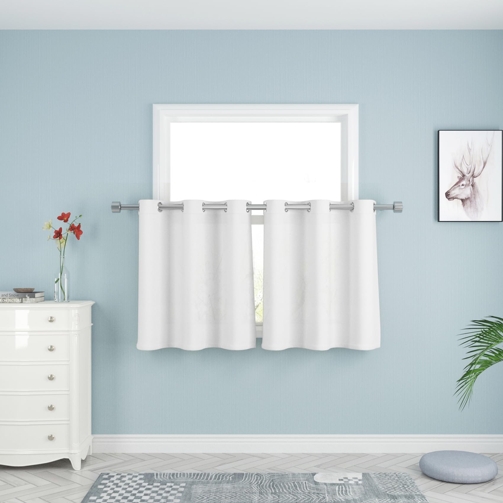 UPOPO White Kitchen Tier Curtains 24 inches Long Linen Textured Cafe Curtains Short Bathroom Privacy Small Mini Half Window Curtains Over Sink Cabinet Caravan Basement 2 Panels Grommet Top
