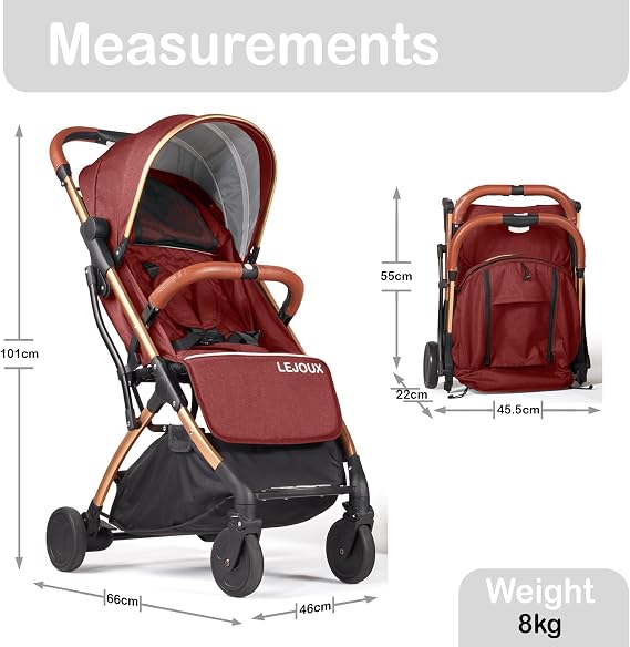 Baby Pushchair Stroller– Lightweight Foldable Travel Buggy with 5-Point Harness, Adjustable Seat Back and Oversize Basket Folds with 1 Hand – Smooth Swivel Wheels Rain Cover (Red)