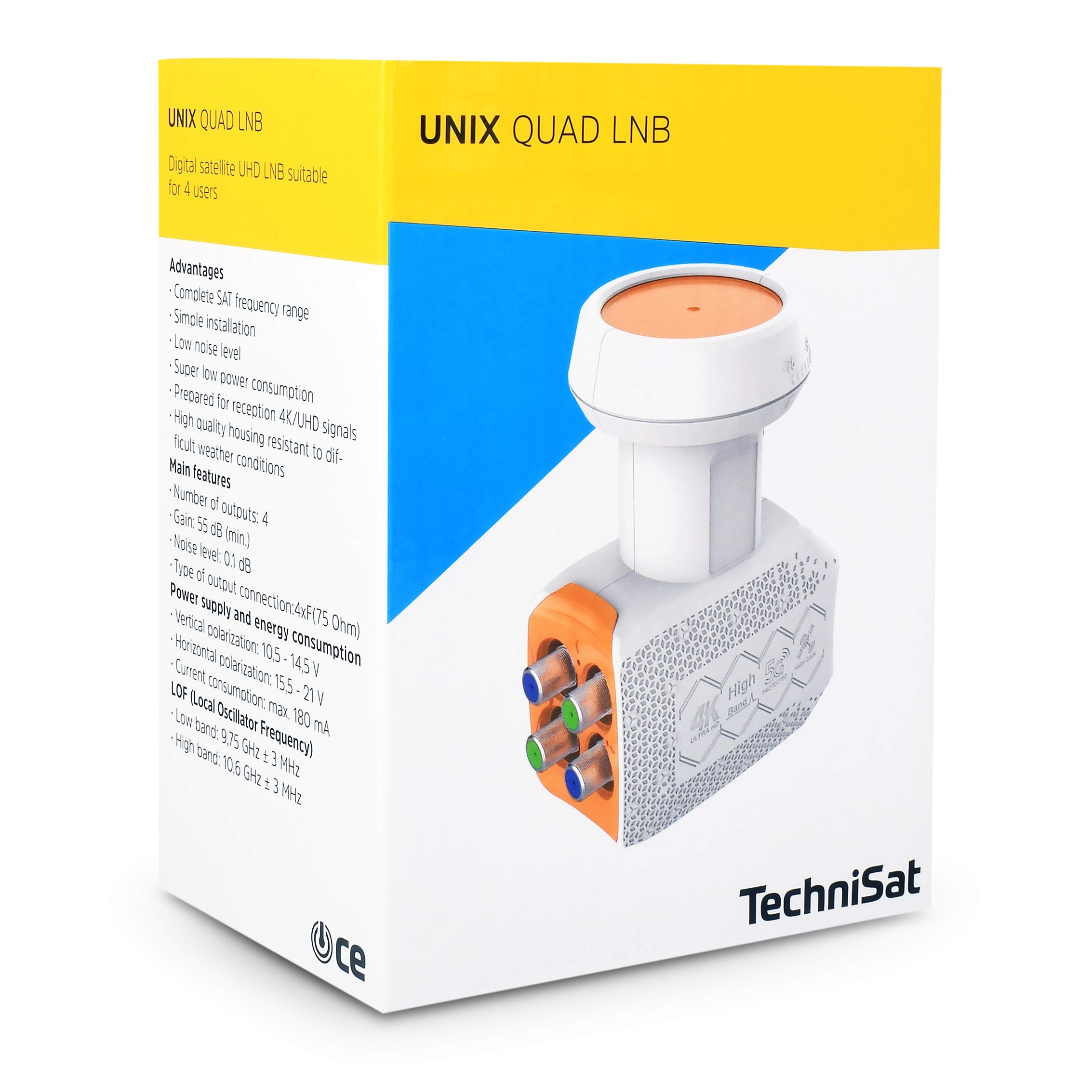 TechniSat LNB Quad pour 4 récepteurs TV - Connexion directe avec protection contre les intempéries Unix Digital UHD 4K Ultra HD Full HDTV + 4 fiches F