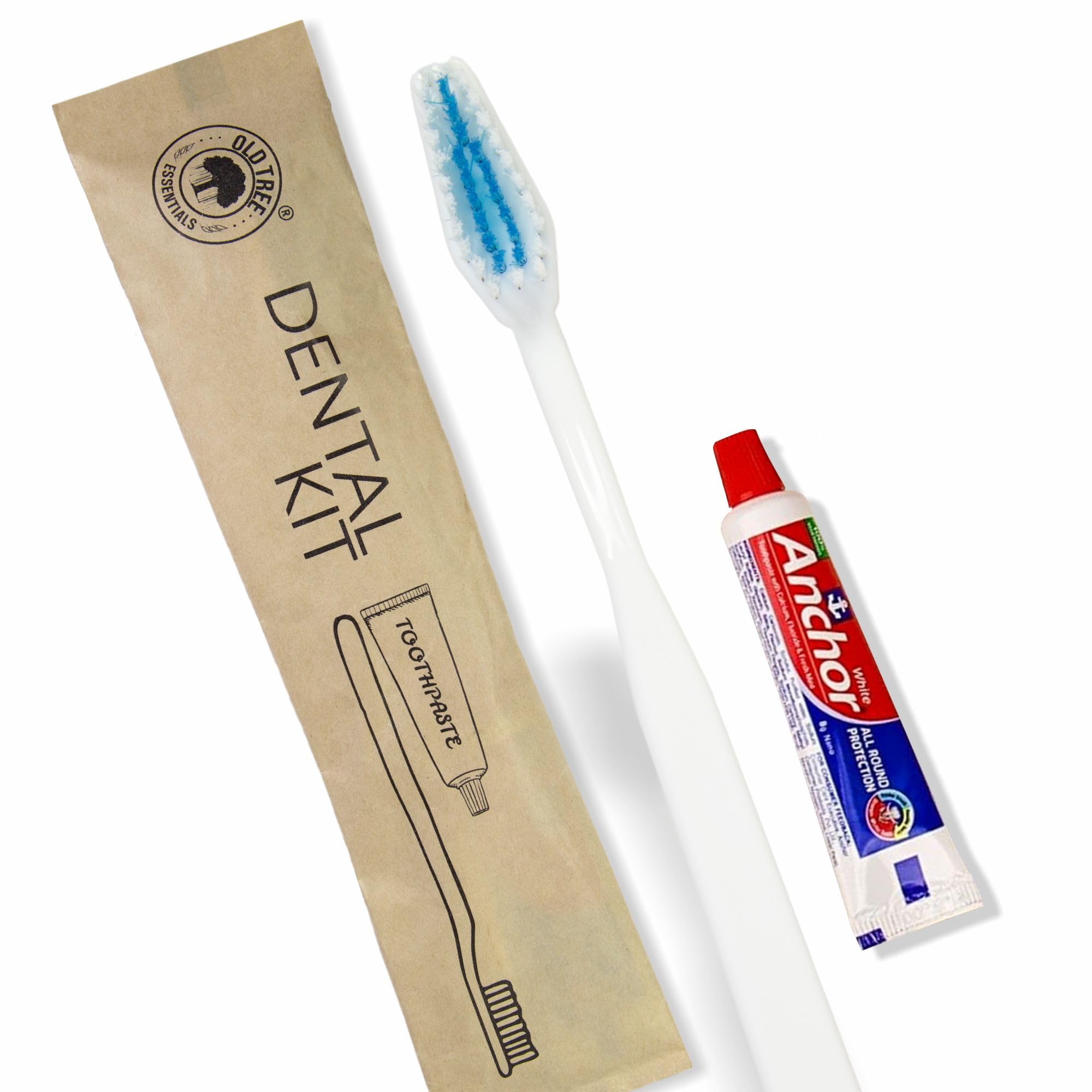 Old Tree Hotel Dental Kit in Bio-Degradable Kraft Paper Pouches - (Pack of 100) - Includes 1 Manual Toothbrush & 8g Toothpaste | Eco-Friendly | Guest Amenities for Hotels, Guest Room Amenities Resorts, Guest Houses