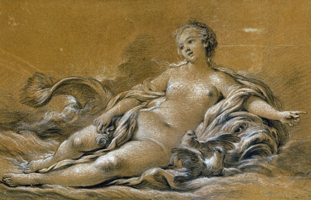 Boucher Venus Nvenus Reclining Against A Dolphin Chalk Drawing By Francois Boucher (1703-1770) Poster Print by (18 x 24)