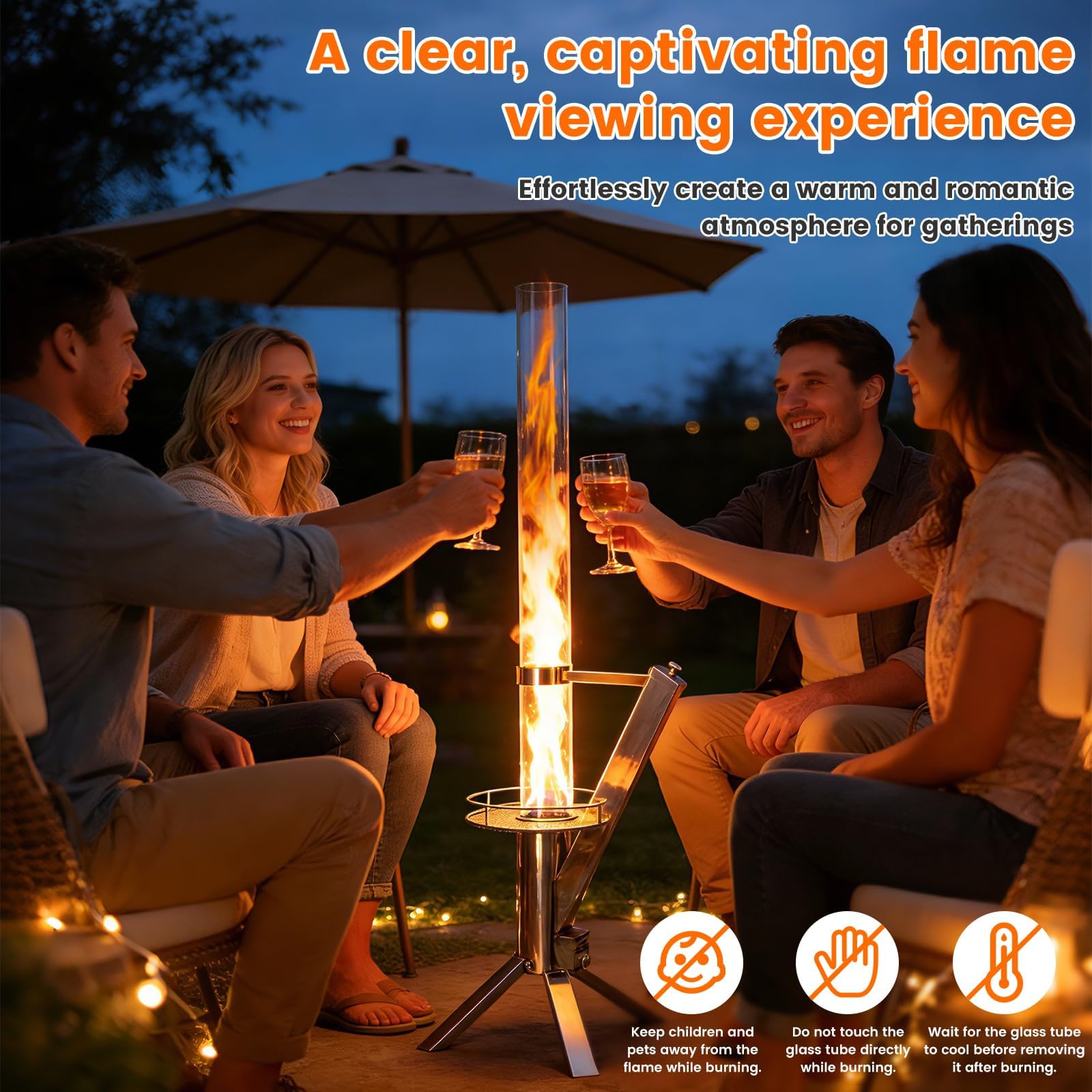 Tubo de fuego, columna de fuego de acero inoxidable y antorcha de pellets para un gran ambiente de fuego, cepillo de limpieza, incluye