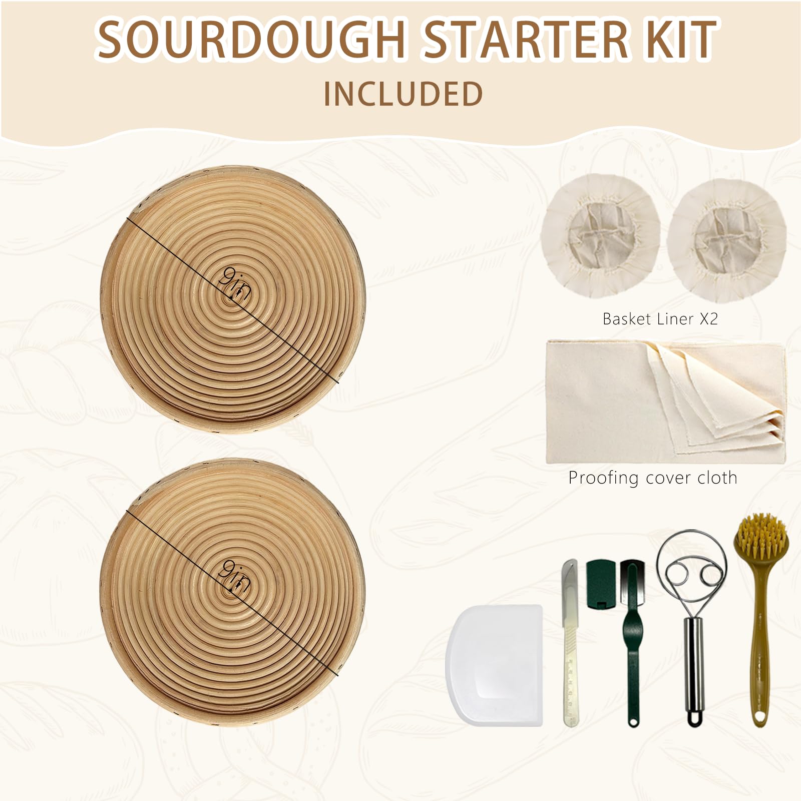 Natürliches, ungebleichtes Banneton, Sauerteig-Brot-Gärkörbchen-Set, 5 x 22,9 cm, runder Korb mit Brotbackzubehör, Banneton-Korb-Geschenk-Set, Primärfarbe