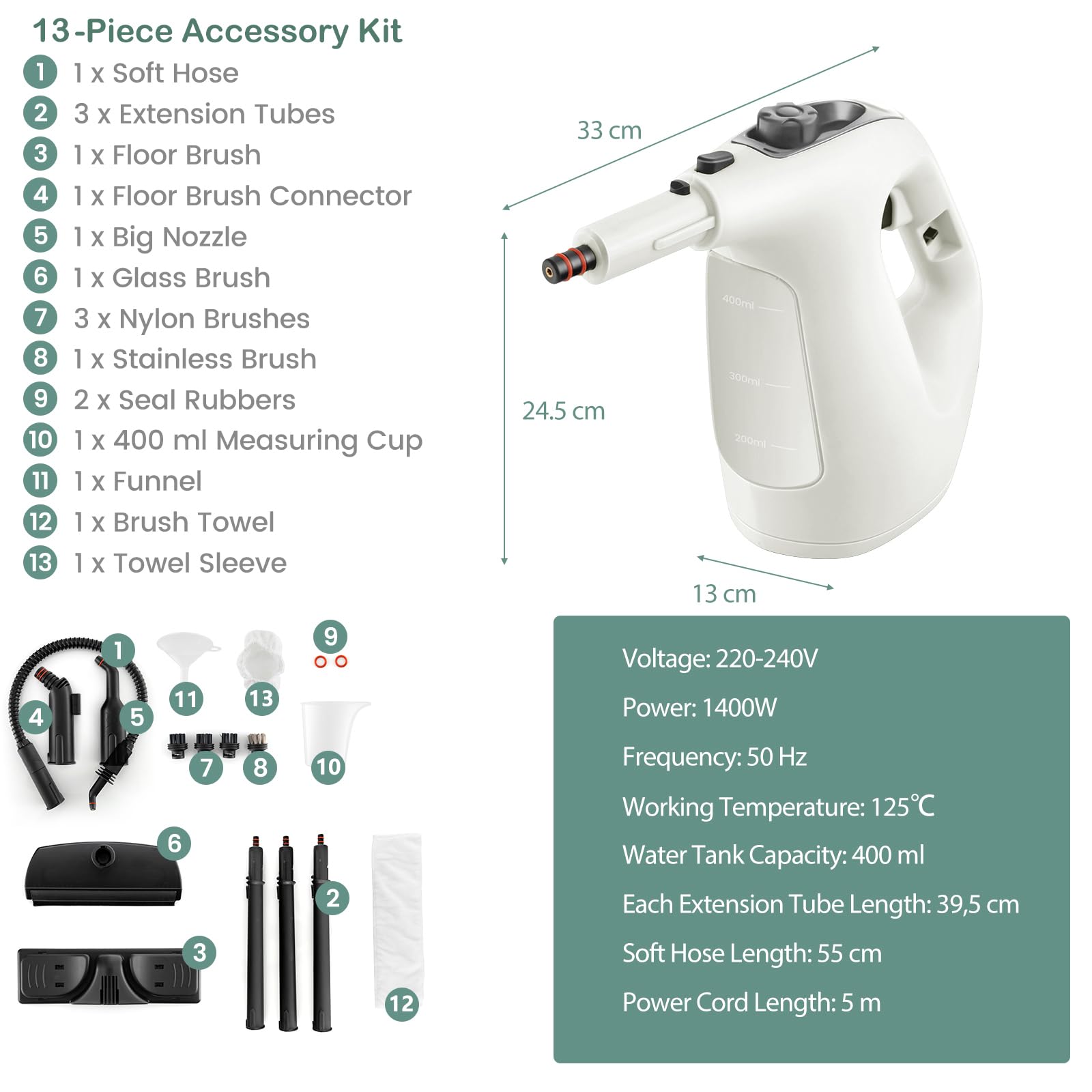 SOARS limpiador a Vapor con 14 Accesorios, Limpiador de Vapor: 2 bar, máx. 125 ℃, Listo en 1 Min, Potente 1500W, Depósito: 400ML, para Alfombras, Suelos y Ventanas (Gris)