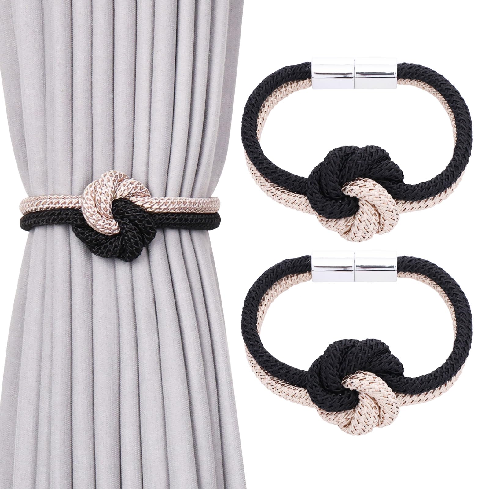 Pretty Jolly 2 Pack Cute Flower Knot Magnetic Curtain Tiebacks Nordic Style Drape Tie Backs Elegant Hand Weave Rope Decorative Curtain Holdbacks for Home & Office Window Drapery (Black & Beige)