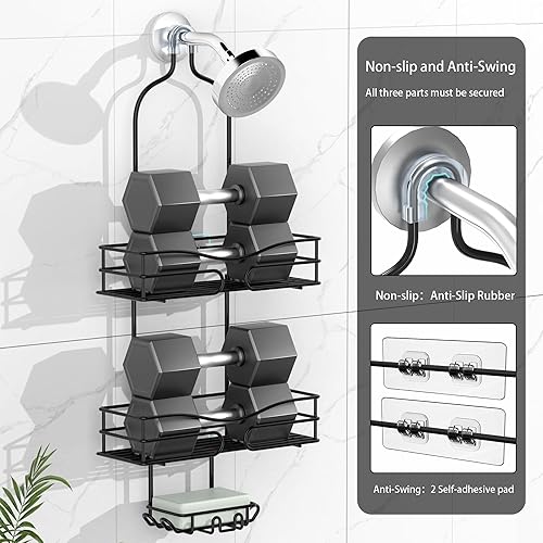 Miniatura 4 de Organizador colgante de ducha de baño, organizador de 3 niveles con soporte para jabón y 6 ganchos para toallas, esponja se adapta a brazo de