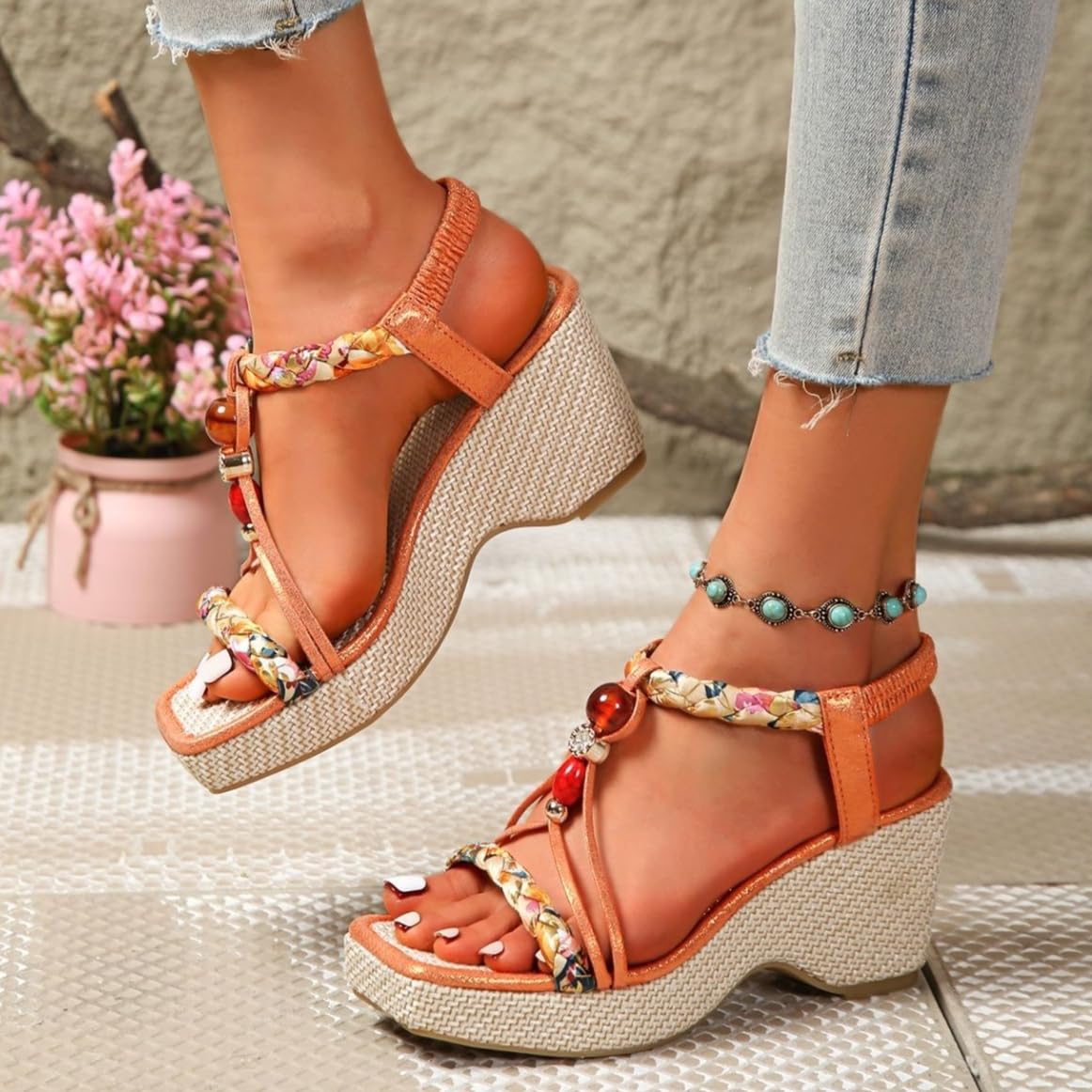Sandali ortopedici con zeppa da donna con cinturino elastico alla caviglia antiscivolo sulla piattaforma sandali con zeppa bohémien per le donne eleganti e comode scarpe da spiaggia