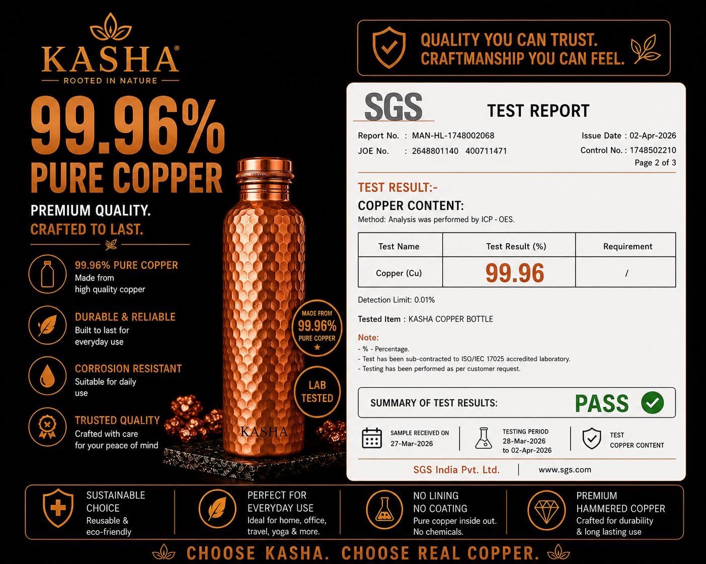 99.96% Pure Copper Water Bottle for Drinking,| Lab Tested|32 Oz |Leak Proof| Ayurvedic Pure Copper Bottle for Drinking Water|Copper Bottle With Canvas Carry Bag, Straw & Brush| Copper vessel For Yoga