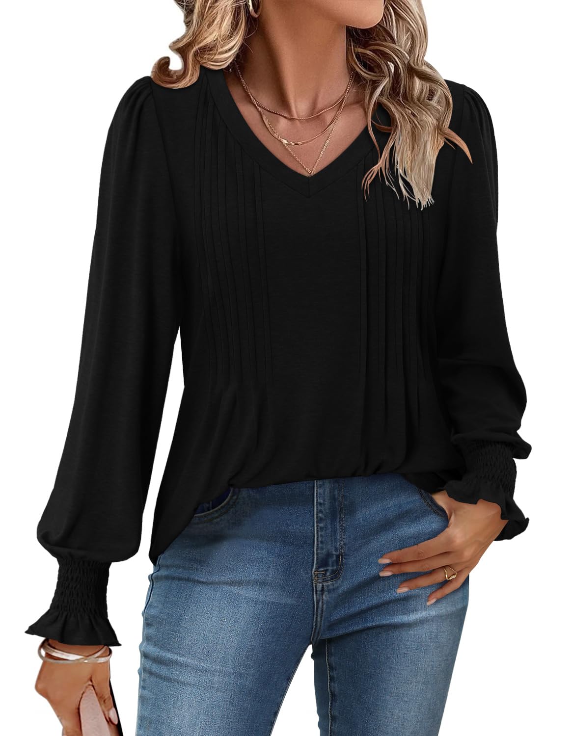 onlypuff Womens Tunic Tops V Neck Puff Long Sleeve T-Shirt Pleated Blouse Shirts Dressy S-XXXL