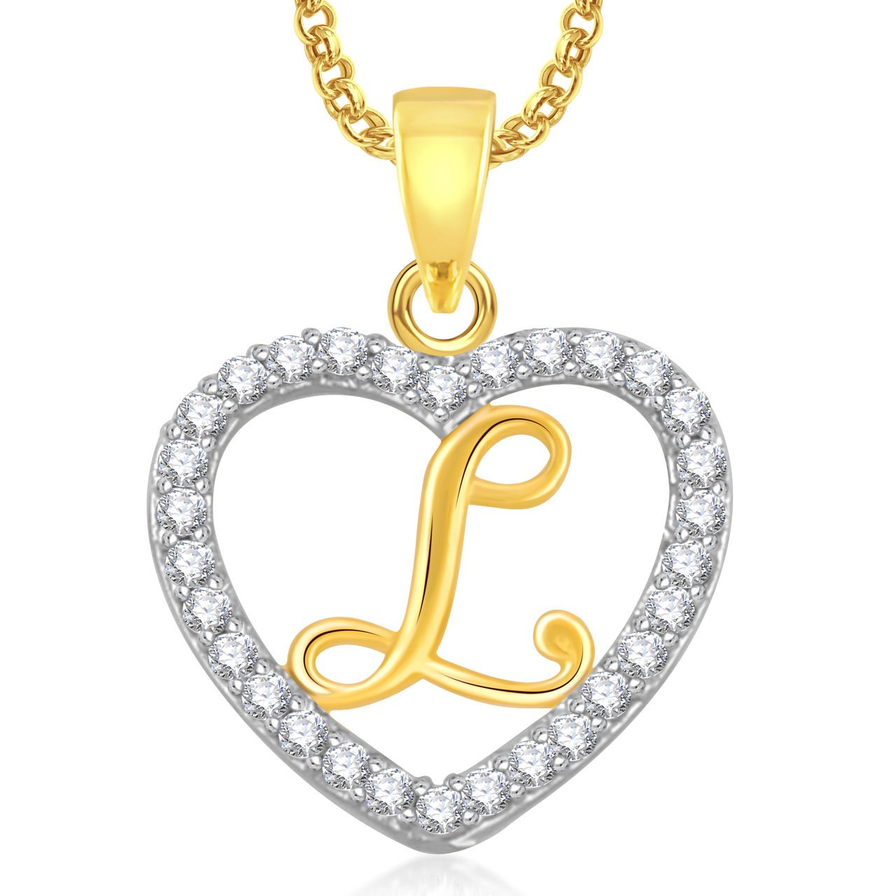 Amaal Jewellery Valentine Gifts Gold American Diamond Heart Alphabet Letter 'L' Necklace Pendant for Women Girls Girlfriend Boys Men with Chain PS0405