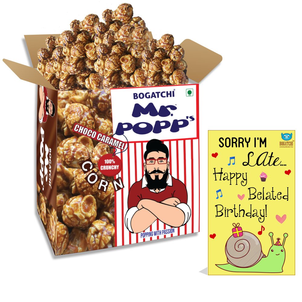 BOGATCHI Mr.POPP's Dark Chocolate Popcorn, 100% Crunchy HandCrafted Gourmet Popcorn Snacks | NO Microwave needed | Best Movie / TV Time Snack, Best Birthday Gift, 250g + FREE Happy Belated Birthday Greeting Card