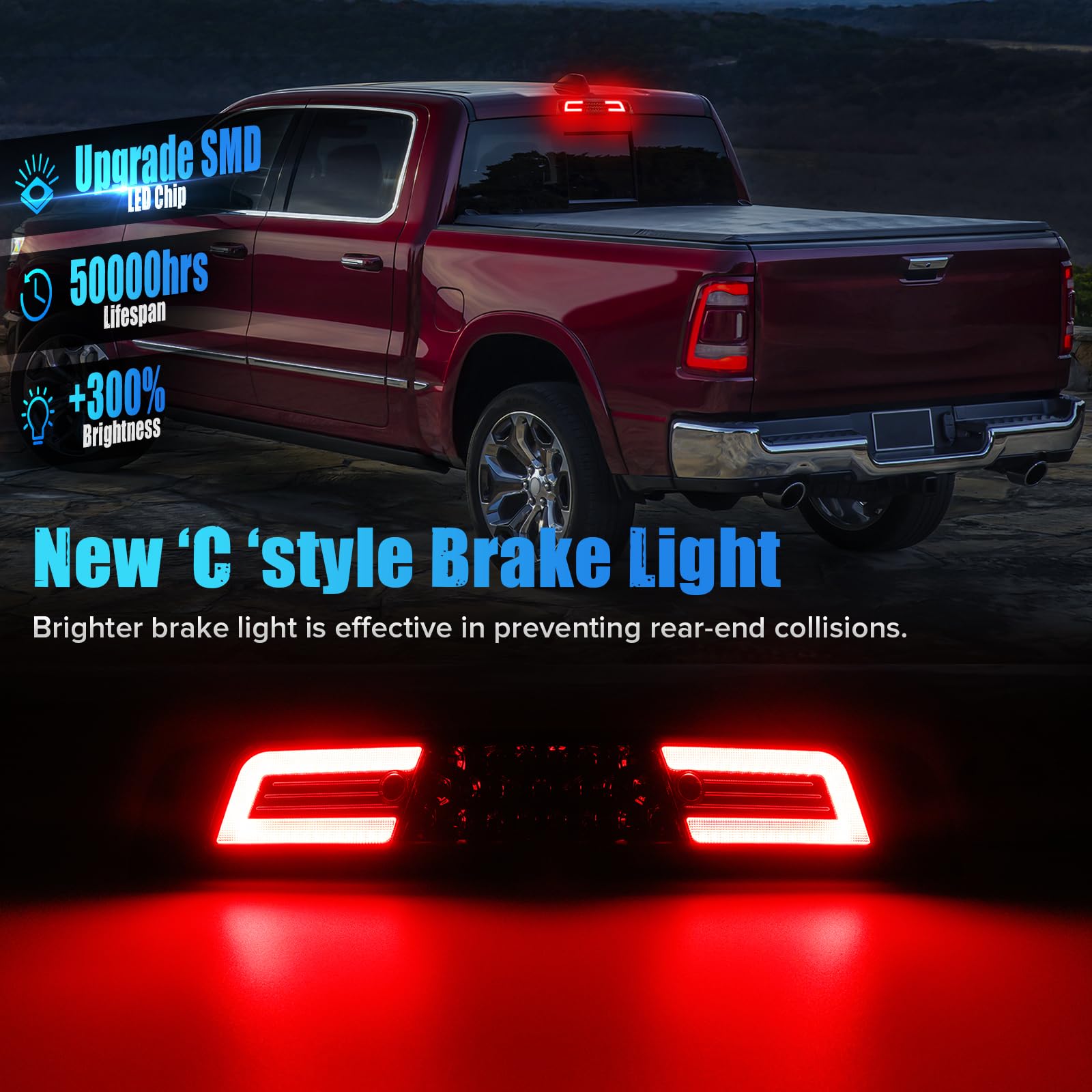 LUDARM LED Smoke 3rd Brake Light Compatible with 2019-2024 Ram 1500 Third Brake Cargo Light sassembly (NOT fit for classic and Camera model