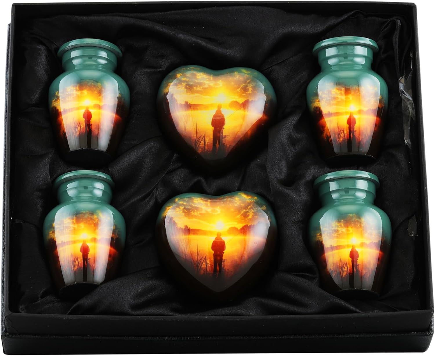 Keepsake Urn for Human Ashes Fishing Theme – Small Cremation Urn, Funeral Urn for Ashes Adult, Memorial Urn for Loved One, Decorative Urn with Velvet Bag (Non-Customize, Keepsake Set of 6)