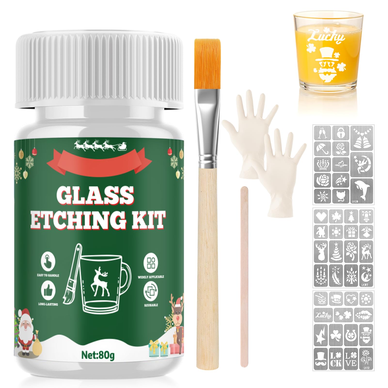 Gel à Dépoli Le Verre 80g - Pâte à Graver Verre Avec Pinceau Et Pochoirs - Créez Des Motifs Givrés DIY