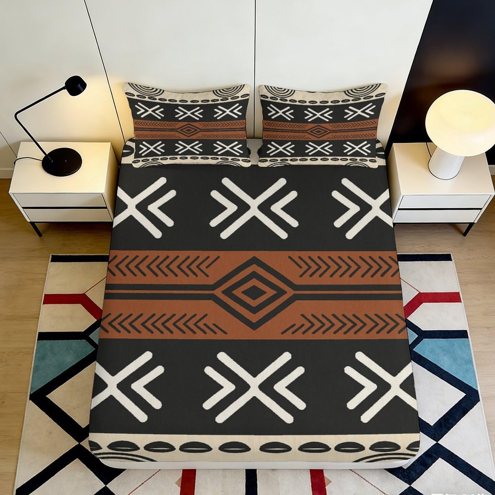 3D Printed Tribal Geometric Fitted Sheet Microfiber Soft Black White Ethnic Bed Cover for Bedroom Dorm Decor 90x200x25cm