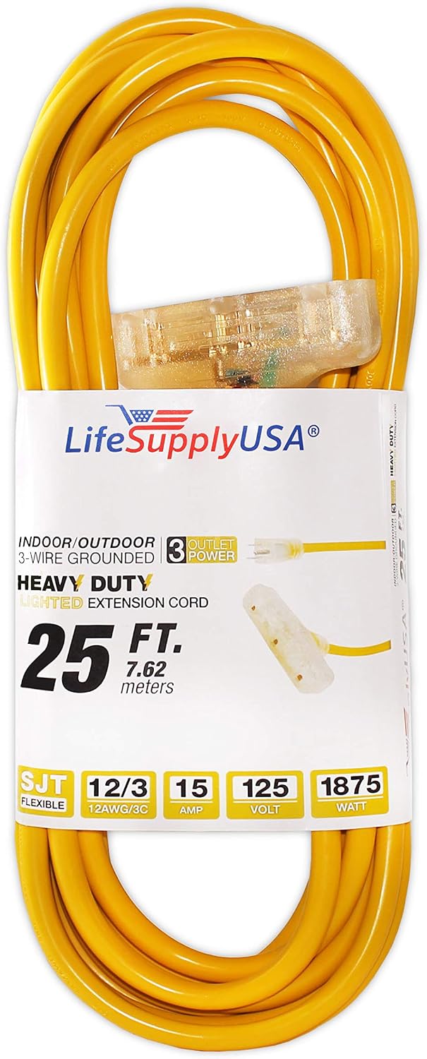 25 ft Power Extension Cord Outdoor & Indoor Heavy Duty 12 Gauge/3 Prong SJTW (Yellow) Lighted end 3-Outlet Extra Durability 15 AMP 125 Volts 1875 Watts by LifeSupplyUSA