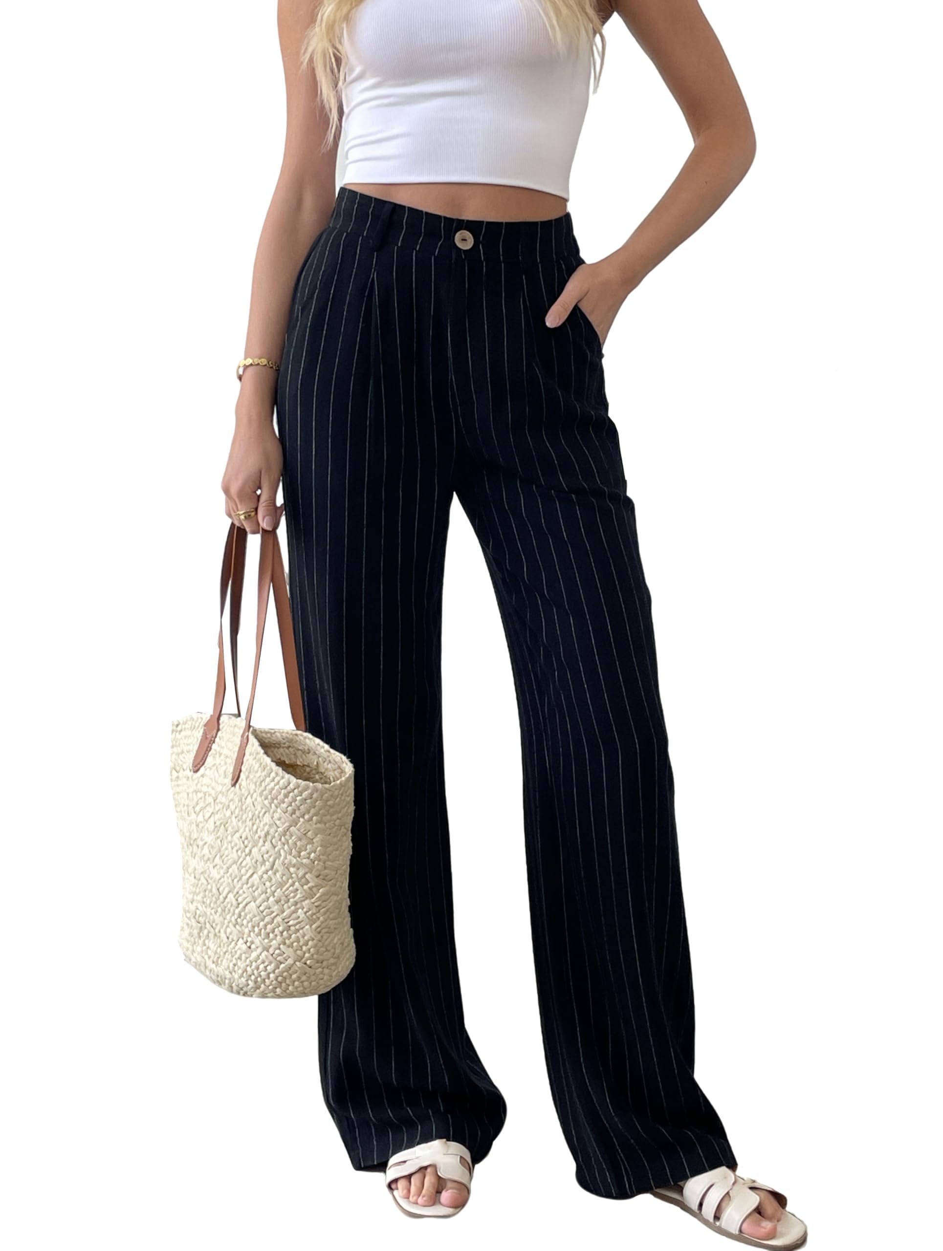 Womens Linen Pants Summer Striped Wide Straight Leg High Waist Beach Vacation Dressy Business Casual Trouser