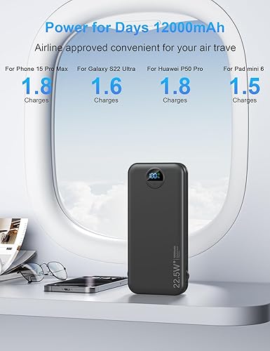 Miniatura 3 de Cargador portátil con enchufe de pared, cargador de batería USB C de 12000 mAh de carga rápida, batería externa con cables integrados, pantalla