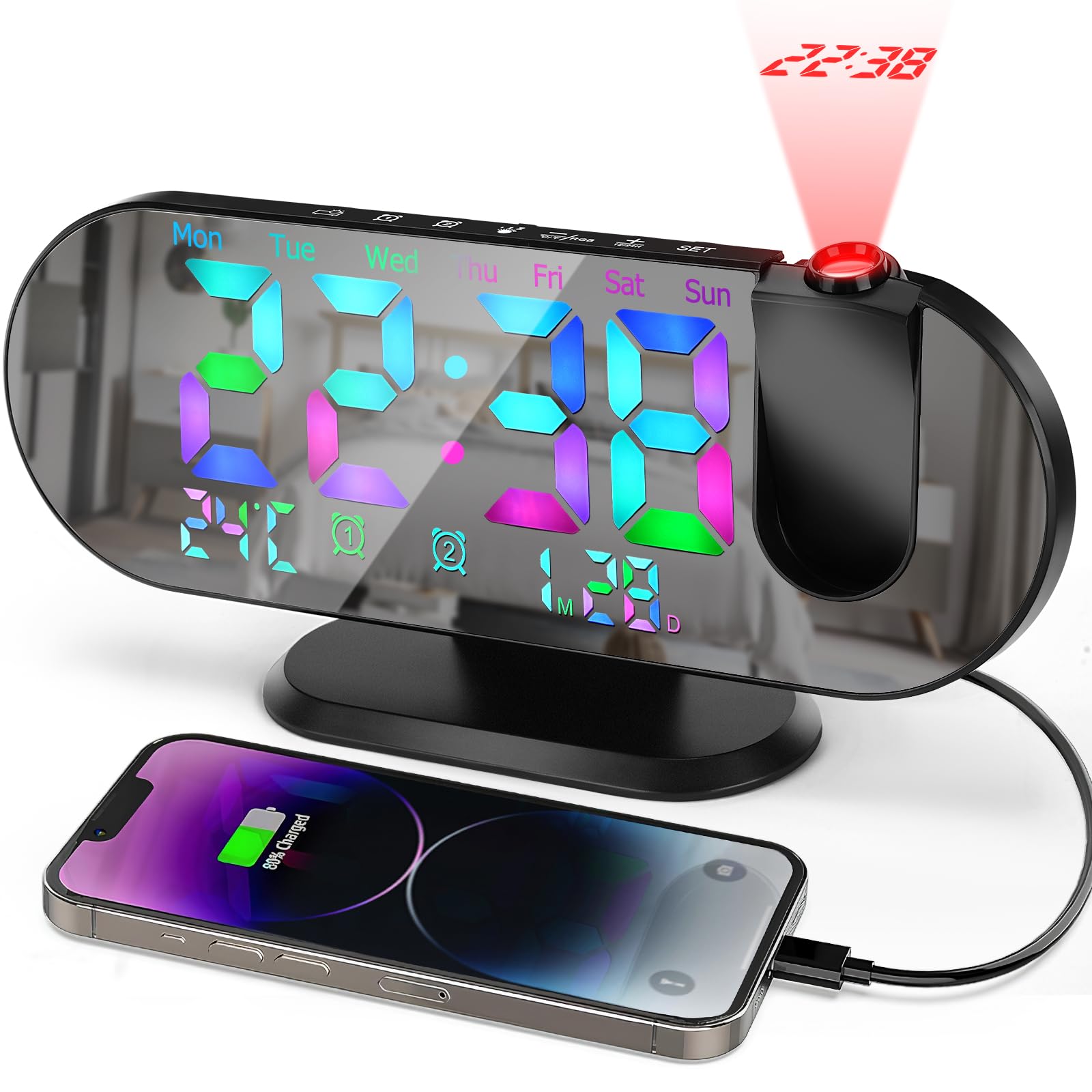 Despertador de proyección 8'' Reloj Despertador Digital LED 180° Rotativo Despertador Proyector con Superficie de Espejo, Temperatura, Puerto de Carga USB, Repetición, Doble Alarma,12/24H