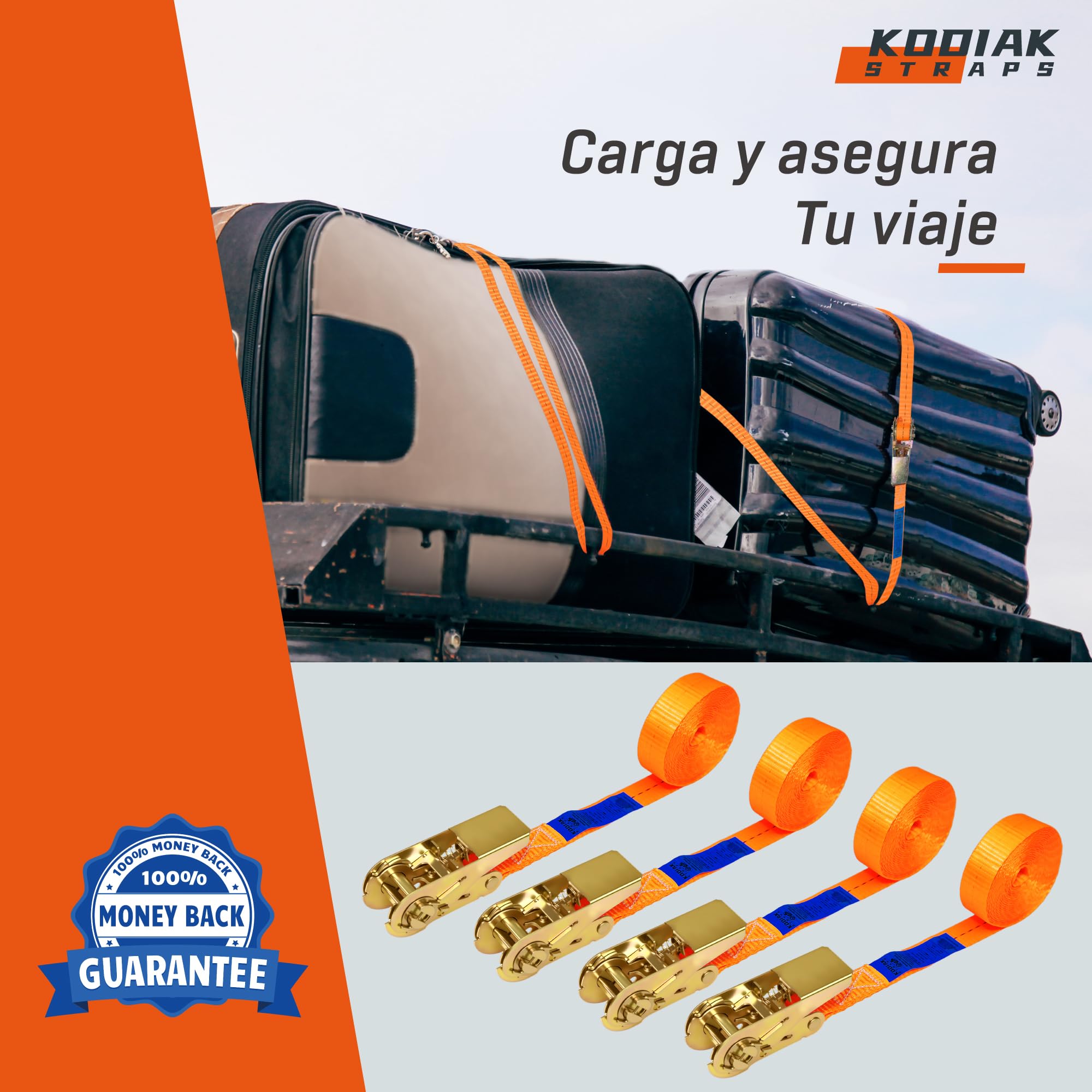 10 Correas Trinquete 4m 25mm 1000kg TÜV/GS para Equipaje Transporte