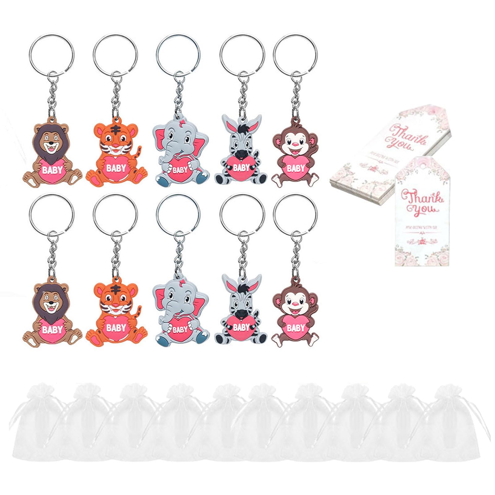 Tsophreniq Zoos Animal Keychains Jungle Baby Showers Parties Favor with Thank Tages Organza Gift Bags for Guests Jungle Keyring with Thank Tages Organza Bag