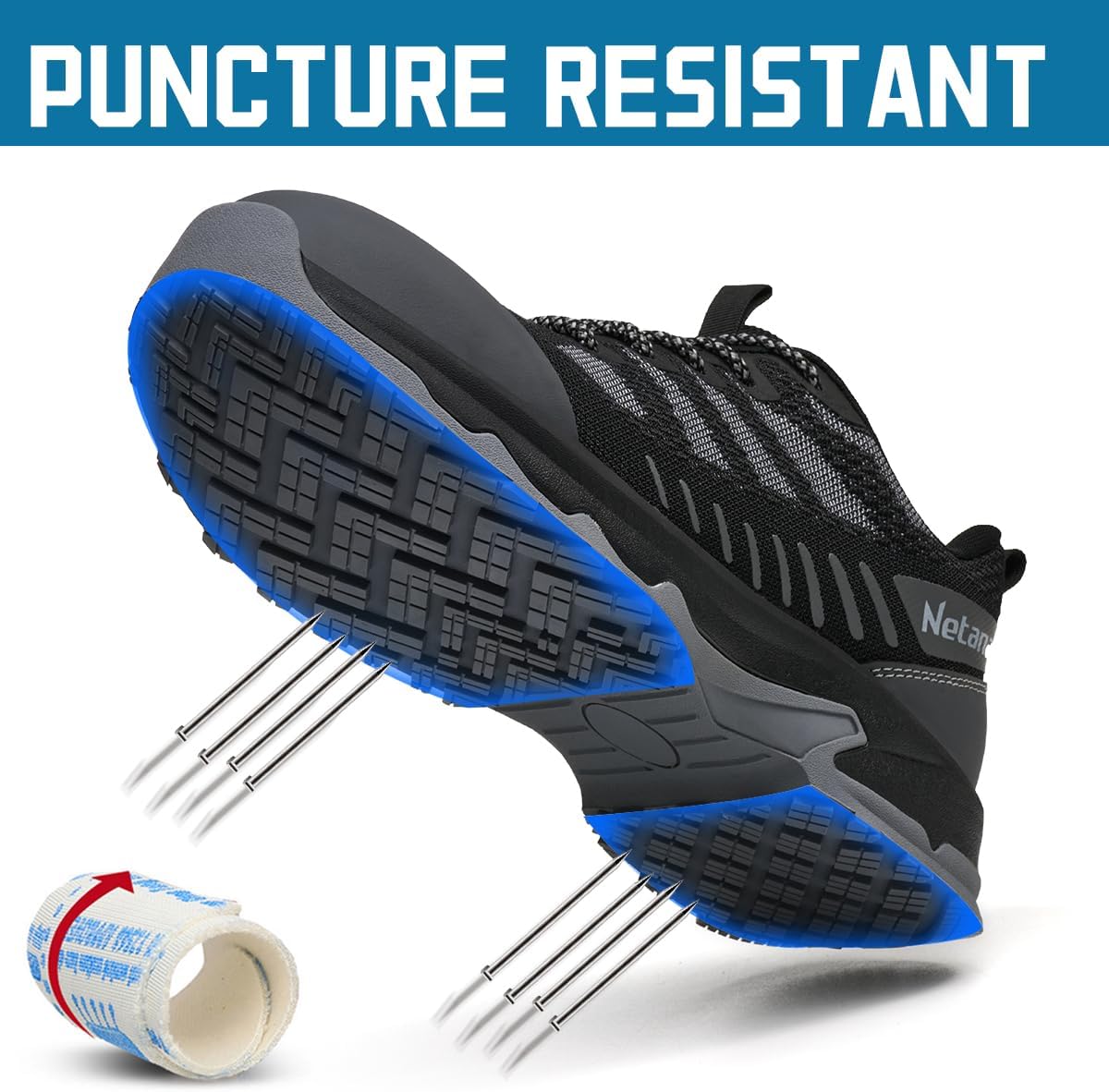 Men's Steel Toe Work Shoes, Puncture-Resistant Safety Sneakers, Lightweight Wide Fit & Comfortable Breathable Mesh, Durable Rubber Grip Sole - Image 4