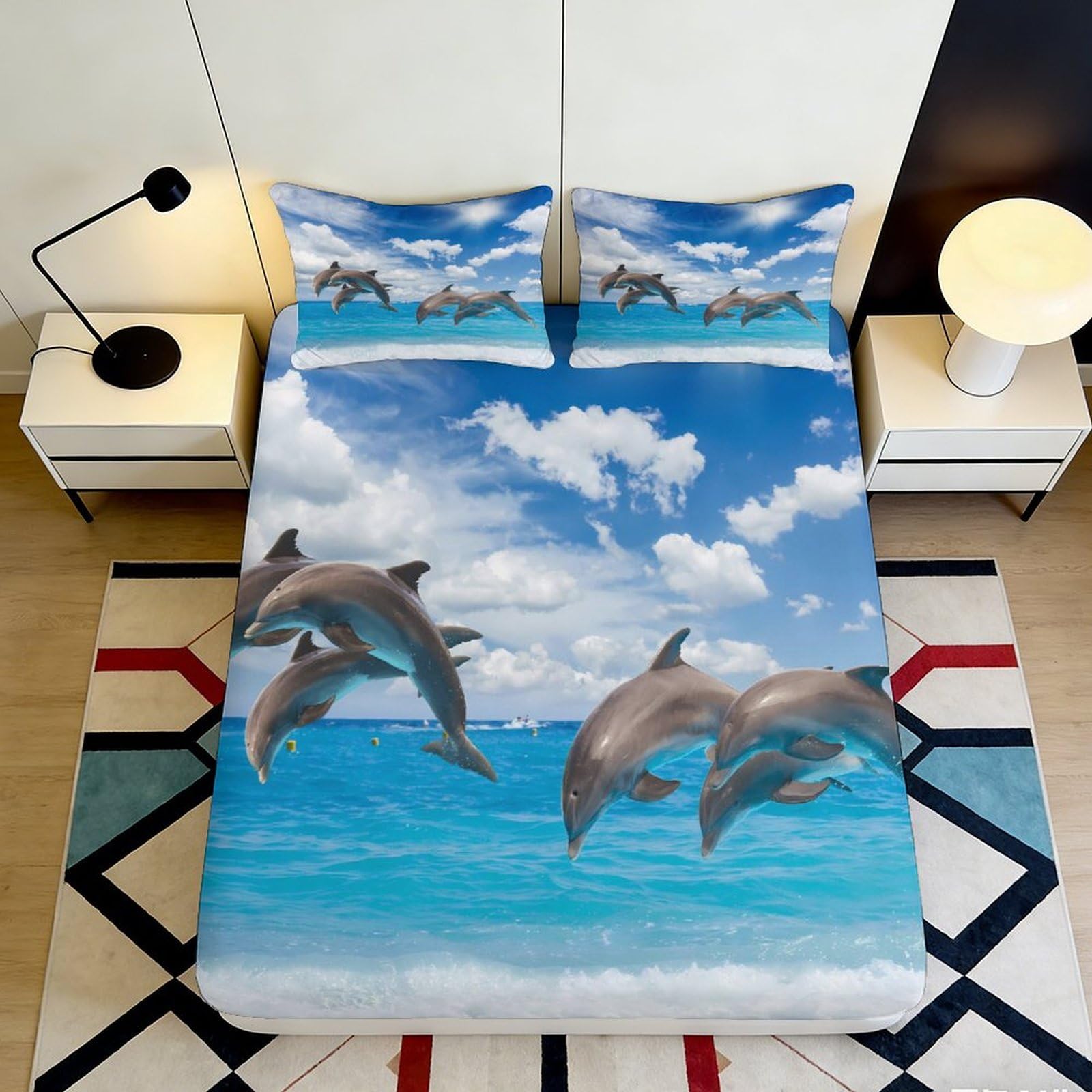 3D Printed Ocean Dolphin Fitted Sheet Microfiber Soft Breathable Sea Wave Bed Cover for Bedroom Guest Room Decor 90x200x25cm
