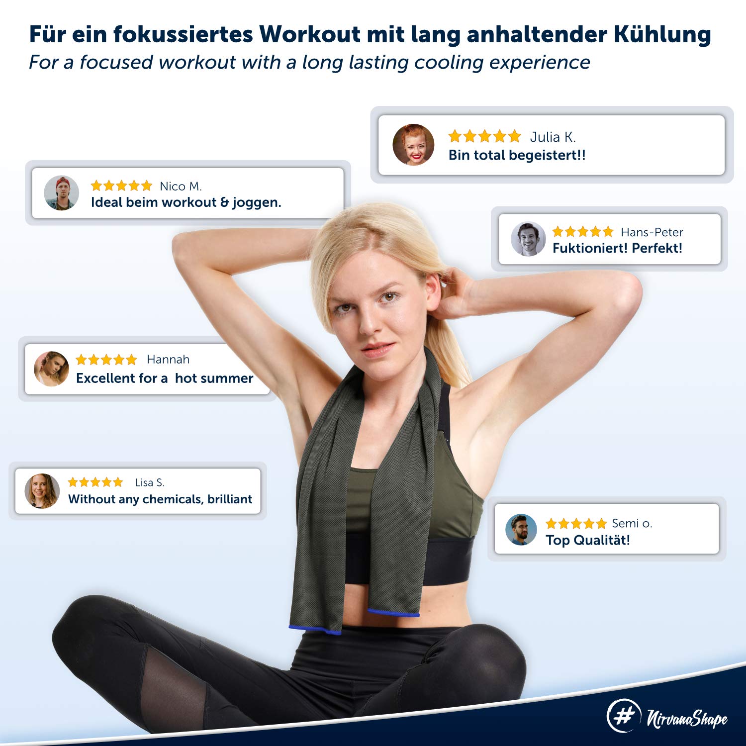 NirvanaShape kühlende Handtücher 2er Set | eiskalt mit sofortiger Kühlwirkung, Ultraleicht & selbstkühlend | Kühl-Tücher für Sport & Freizeit | zum Laufen, Krafttraining, Golf, Wandern