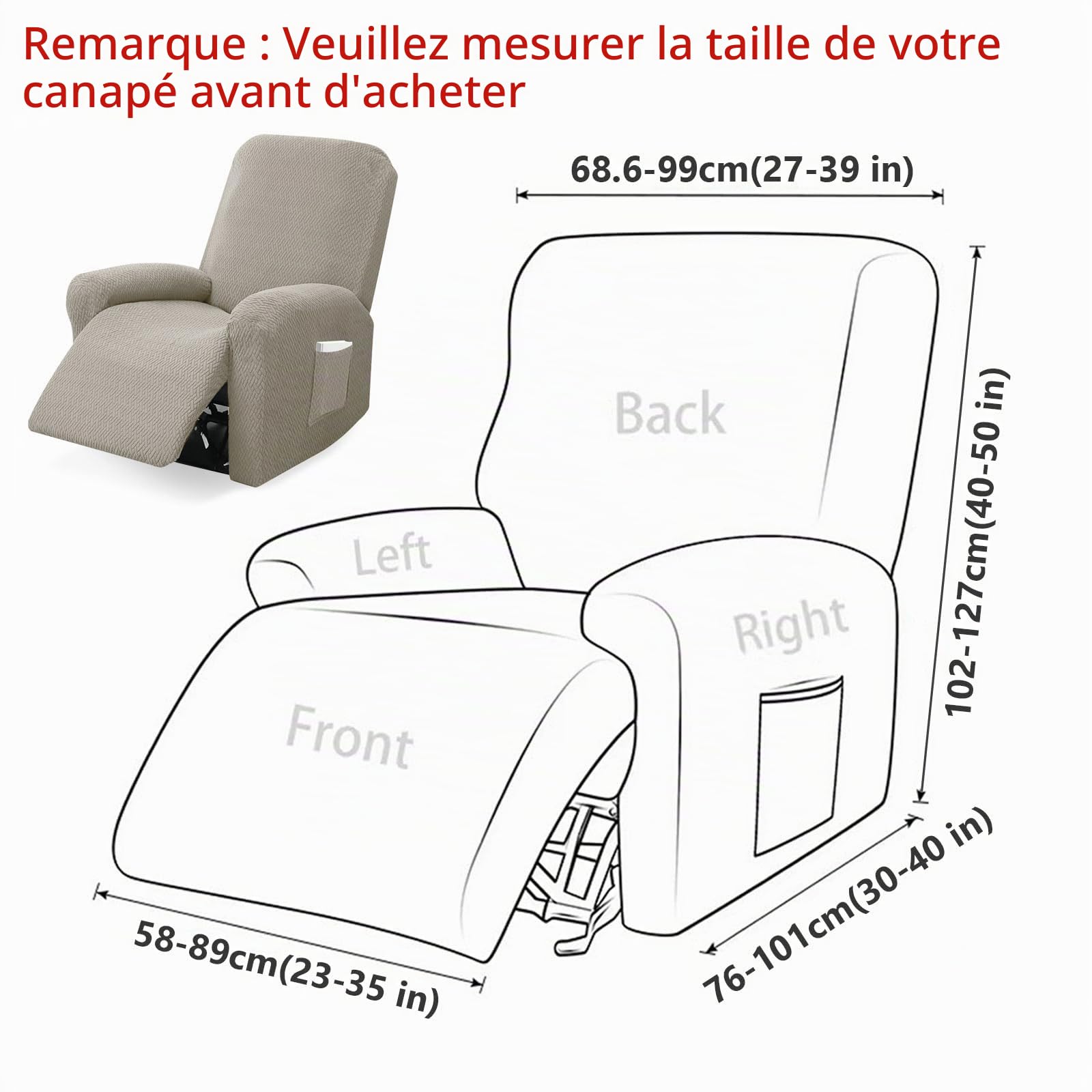Lot de 4 Housses de Fauteuil Relax en Velours Extensible - Protection Complète avec Poches pour Télécommande, Livres - pour Fauteuil de Relaxation, Canapé et Fauteuil TV