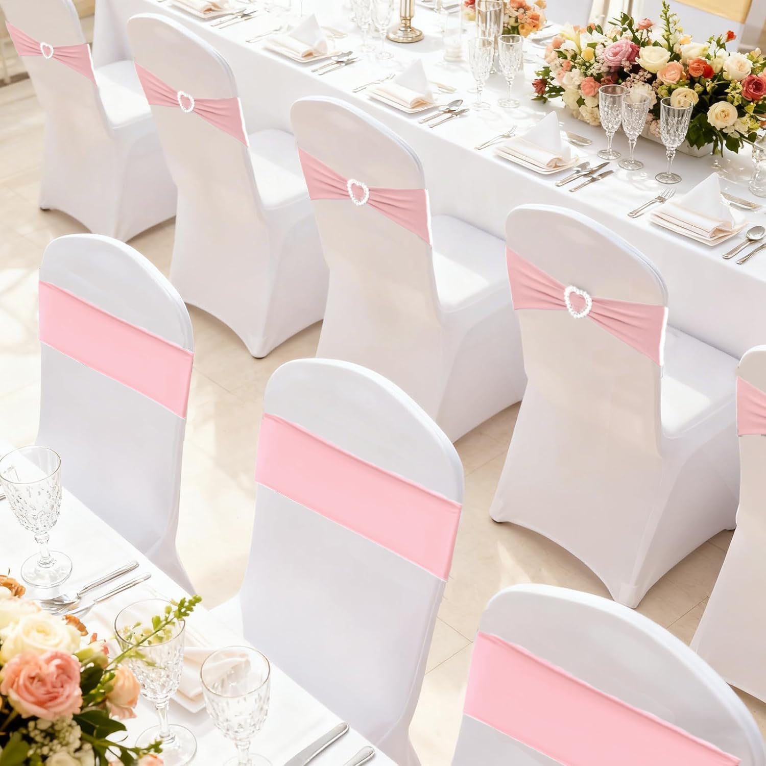 Light Pink Chair Sashes Bows 50 Pack Stretch Chair Cover Bands with Buckle Slider Elastic Chair Ties for Wedding Banquet Party Event Decoration