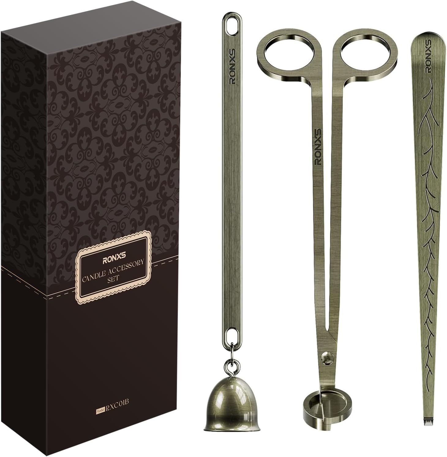 RONXS 3 in 1 Candle Wick Trimmer Set, Snuffer, Dipper, Cutter, Bronze | Candle Care Accessory Kit, Stainless Steel, Trims Wick, Puts out Flame and Dips, Gift Box for Candle Lovers Home Decoration