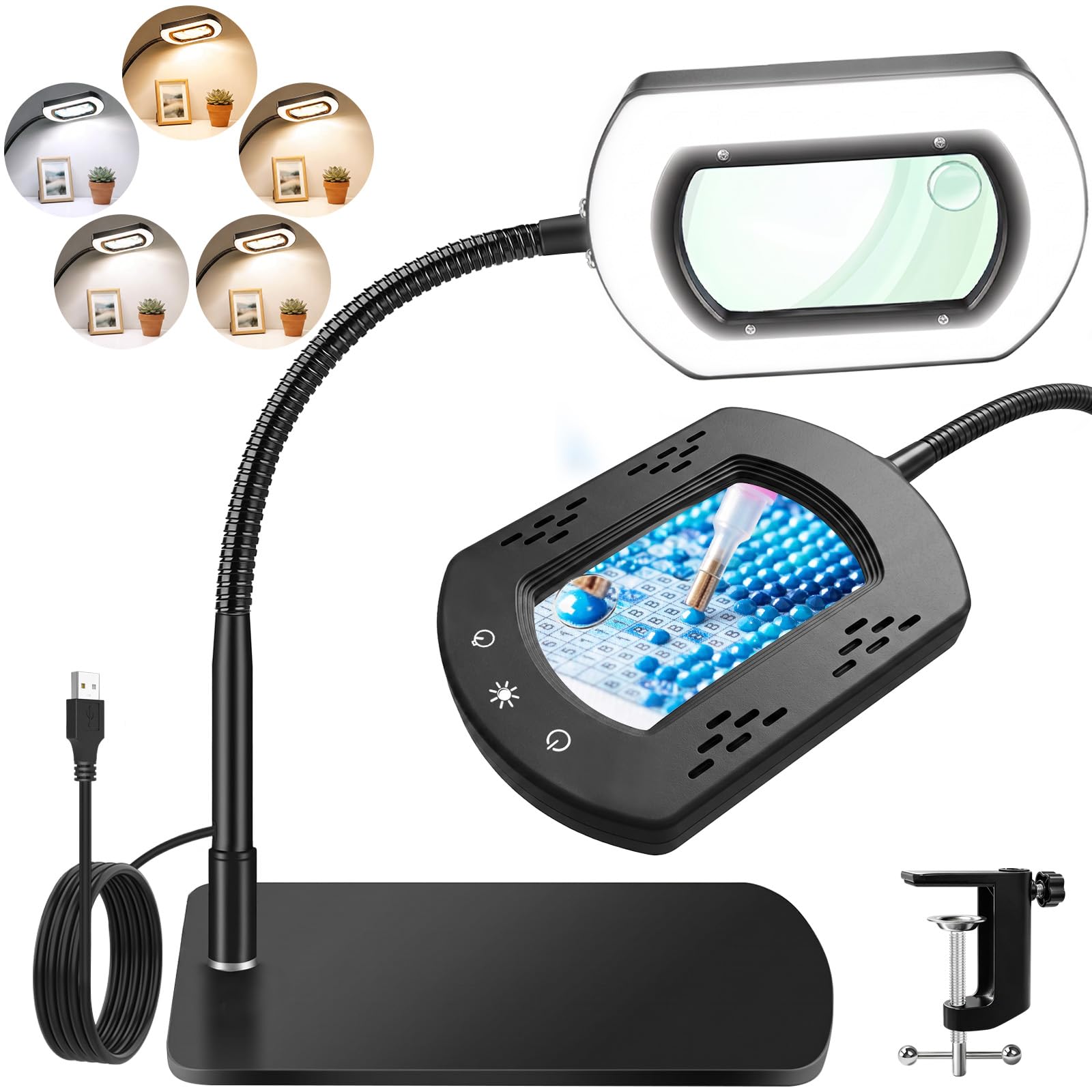 10-fache rechteckige Lupe mit Licht und Ständer & Aluminiumklemme,5 Farbmodi,stufenlos dimmbar,Flexibler Schwanenhals–Diese Lupenlampe ist ideal für Lesen und Diamond Painting