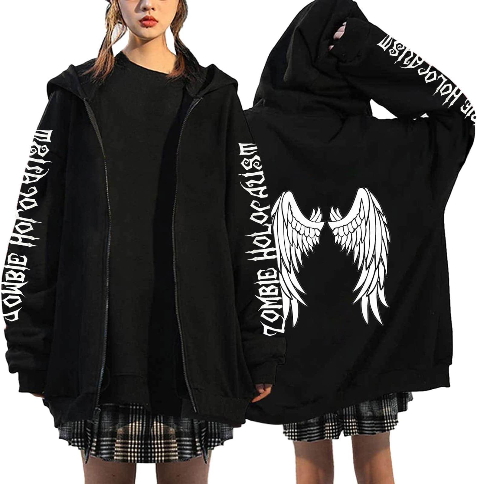 HZMMWomens Oversize Sweatshirt Womens Long Sleeve Hoodie Top Gothic Printed Full Zipper Sweatshirt with Pockets Casual Autumn Winter Outerwear Tops fit Teenage Girl Ladies White, XL