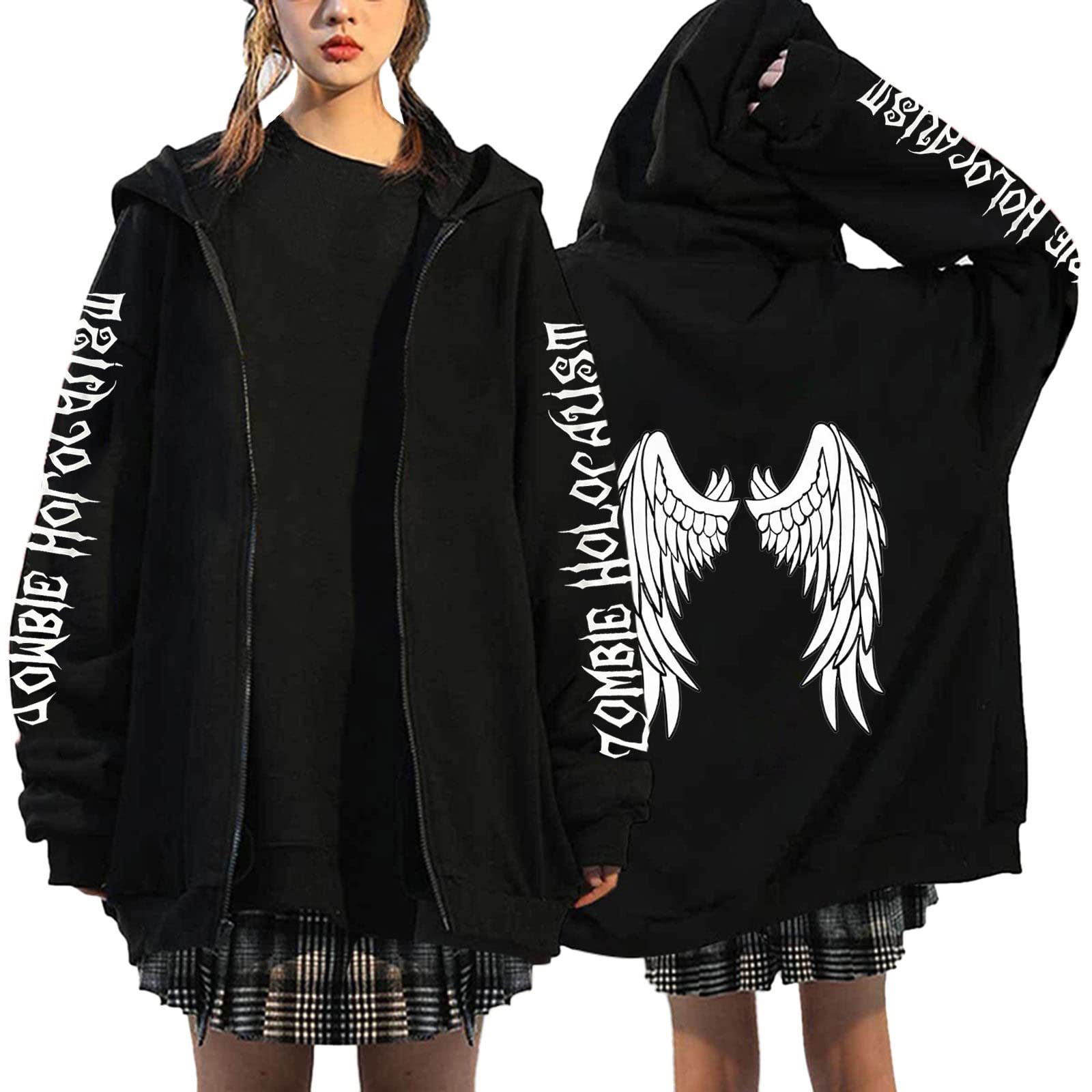 HZMMWomens Oversize Sweatshirt Womens Long Sleeve Hoodie Top Gothic Printed Full Zipper Sweatshirt with Pockets Casual Autumn Winter Outerwear Tops fit Teenage Girl Ladies White, XL